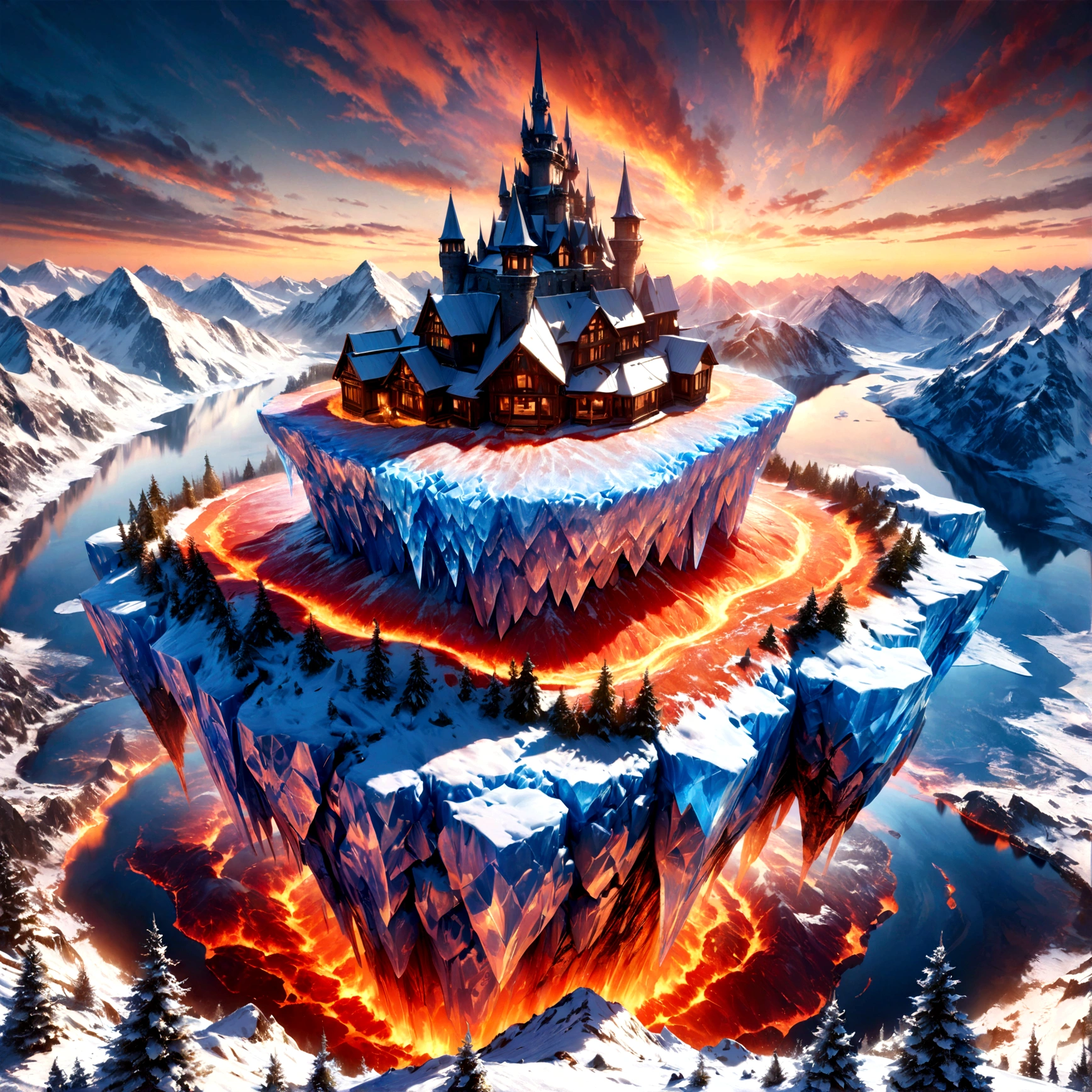 a panoramic award winning photography, Photorealistic, extremely detailed of a ((castle: 1.5)) made from (ice: 1.3), standing on the peak of a snowy mountain, an impressive best detailed castle made from ice (Photorealistic, extremely detailed), with towers, bridges, a moat filled with lava (Photorealistic, extremely detailed),  standing on top of a snowy mountain (masterpiece, extremely detailed, best quality), with pine trees, sunset light, some clouds in the air,  alpine mountain range background, best realistic, best details, best quality, 16k, [ultra detailed], masterpiece, best quality, (extremely detailed), ultra wide shot, photorealism, depth of field, faize, raging nebula