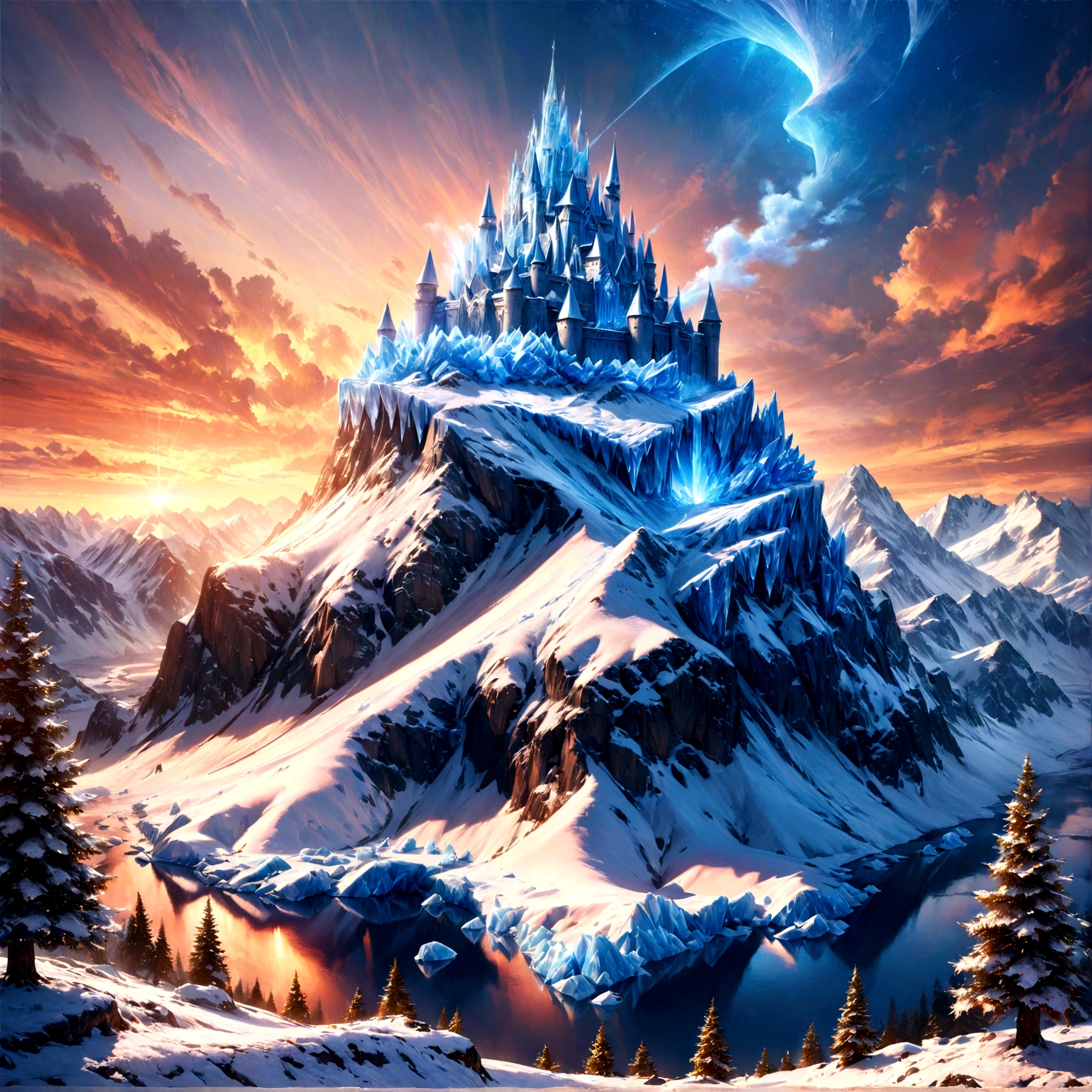 a panoramic award winning photography, Photorealistic, extremely detailed of a ((castle: 1.5)) made from (ice: 1.3), standing on the peak of a snowy mountain, an impressive best detailed castle made from ice (Photorealistic, extremely detailed), with towers, bridges, a moat filled with lava (Photorealistic, extremely detailed),  standing on top of a snowy mountain (masterpiece, extremely detailed, best quality), with pine trees, sunset light, some clouds in the air,  alpine mountain range background, best realistic, best details, best quality, 16k, [ultra detailed], masterpiece, best quality, (extremely detailed), ultra wide shot, photorealism, depth of field, faize, raging nebula