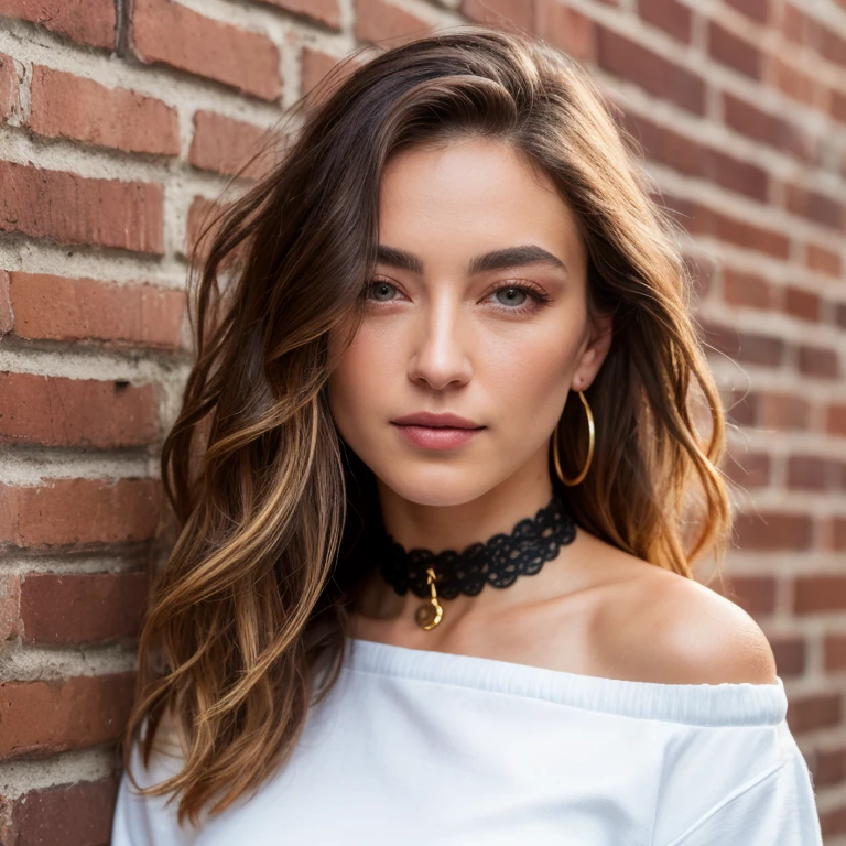 ultra realistic 8k cg, masterpiece, ((ultra detailed background, delicate pattern, intricate detail)), best quality, intricate details, chromatic aberration, 1girl, long hair, golden hair, messy hair, red highlights, hair over one eye, sharp eyes, choker, brick wall, graffiti, dim lighting, alley, oversized shirt,off shoulder, see through white shirt, Masterpiece, best quality