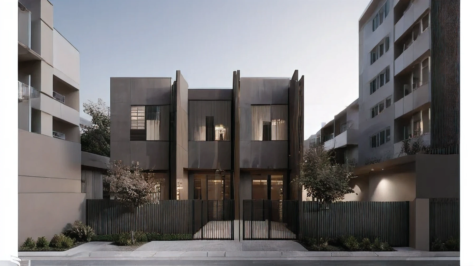 one townhouse, ((modern style)), on the street, blur, (deapt of field), (oak wood), realistic, 8k, concrete, glass