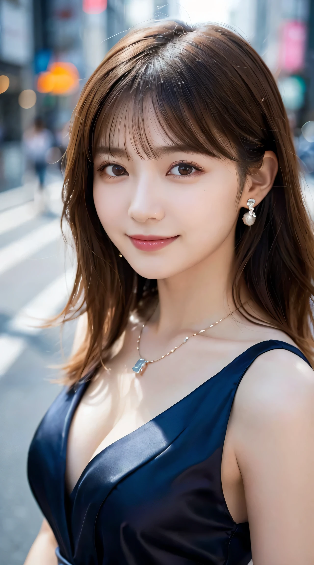 (highest quality, masterpiece:1.3, ultra high resolution), (Super detailed, caustics, 8k), (photorealistic:1.4, RAW shooting), 1 girl, (look at the camera with a smile), 20-year-old, cute, Japanese, gradient hair color, Wolf Bob Kat hairstyle, (bronde hair), Natural lips, (wearing satin dress and hot pants), (wearing ÉTOILE FILANTE earrings by chanel), (wearing coco crush necklace by chanel), perfect necklace, (perfect earrings), cleavage, (Street in Tokyo at night), bust up shot, face focus, Natural light, Backlight, (A bright light shines from above), (Lens flare), professional writing, perfect bodies, perfect arms, Perfect fingers, perfect legs, perfect hair, pores, Realistic skin texture, perfect teeth, (low position), (Low - Angle)