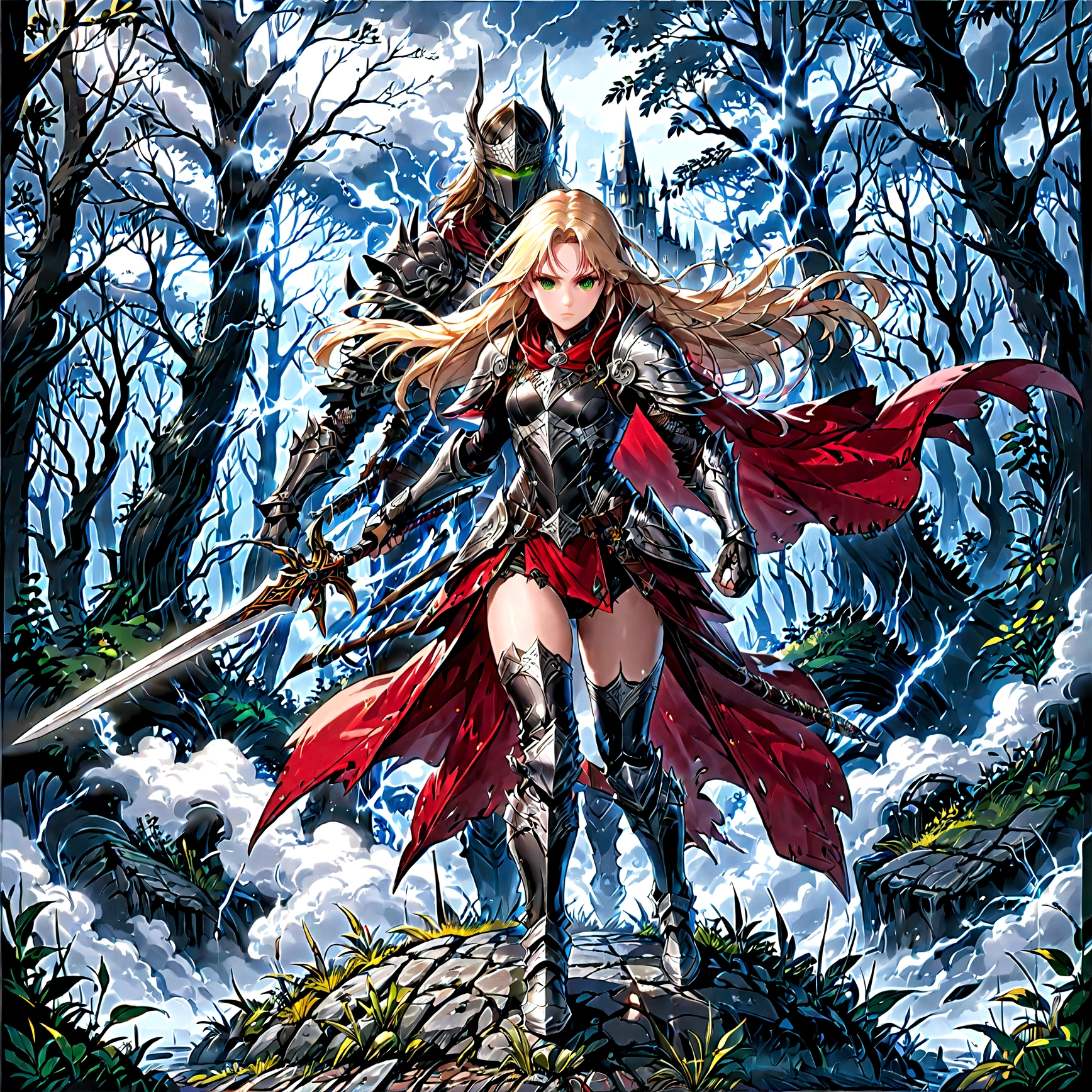 fantasy art, RPG art, Dark fantasy art, ultra wide shot, RAW, photorealistic, a picture of (1single: 1.5) female human ranger, the ranger, an exquisite beautiful human woman, long blond hair, braided hair, green eyes, wearing leather armor, wearing (red cloak: 1.1), armed with a (sword: 1.3), wearing laced boots, standing in a dark forest at night, (mist rising from the grounds: 1.3), a sense of dread and fear, yet she stands defiant and fearless, dark fantasy forest background, best quality, 16k, [ultra detailed], masterpiece, best quality, (ultra detailed), full body, ultra wide shot, photorealism, Sword and shield, dark novel