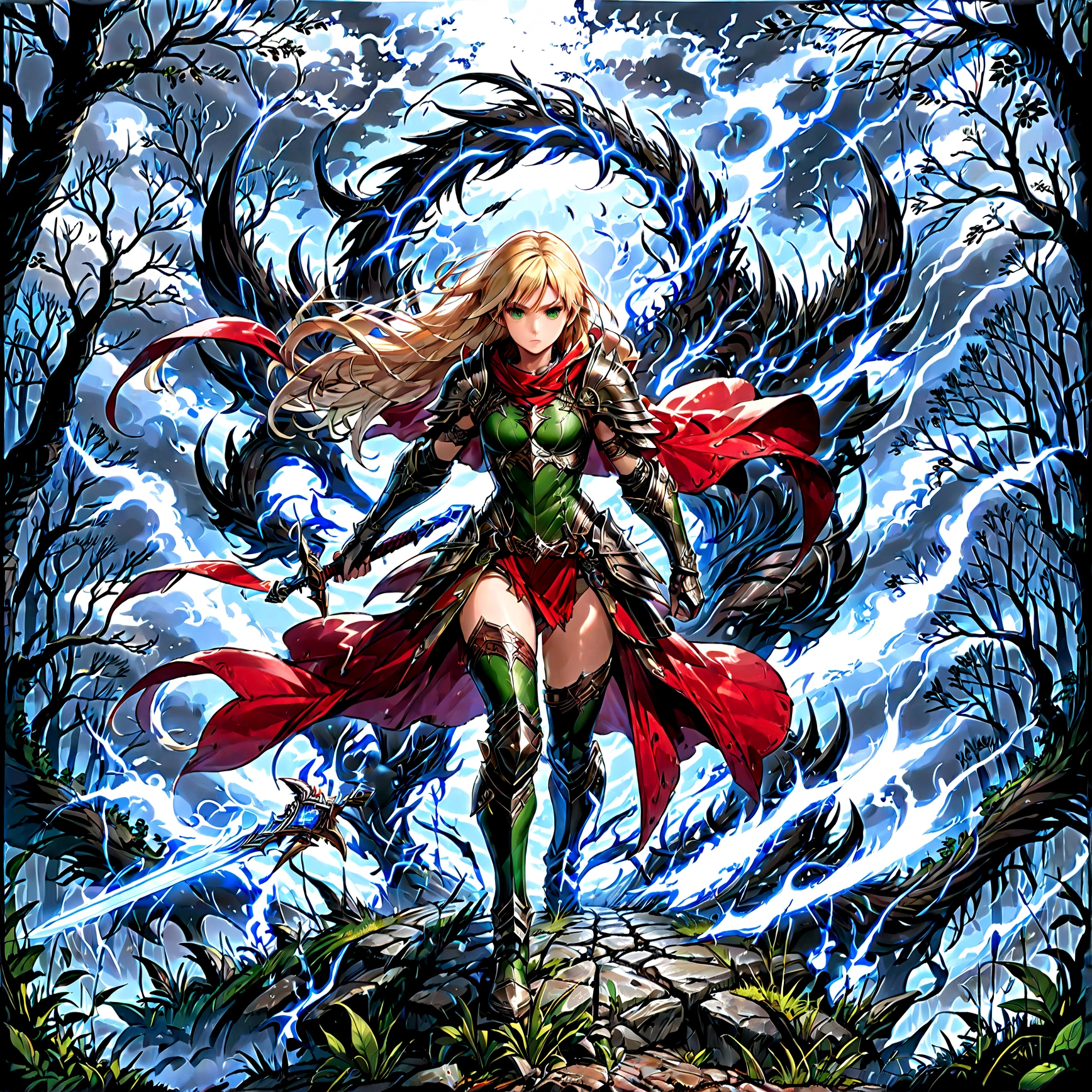 fantasy art, RPG art, Dark fantasy art, ultra wide shot, RAW, photorealistic, a picture of (1single: 1.5) female human ranger, the ranger, an exquisite beautiful human woman, long blond hair, braided hair, green eyes, wearing leather armor, wearing (red cloak: 1.1), armed with a (sword: 1.3), wearing laced boots, standing in a dark forest at night, (mist rising from the grounds: 1.3), a sense of dread and fear, yet she stands defiant and fearless, dark fantasy forest background, best quality, 16k, [ultra detailed], masterpiece, best quality, (ultra detailed), full body, ultra wide shot, photorealism, Sword and shield, dark novel