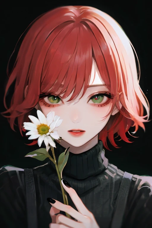 1 Girl, one daisy, short hair,I look at the viewer,black nails,Black background, holding a flower, parted lips, bangs cover 1 eye, white цветок, Upper body,nail polish, black sweater, Red hair, black sweater, hair on the eye, simple background, black nails, green eyes, draw up,CT-стиль,beautiful eyes,