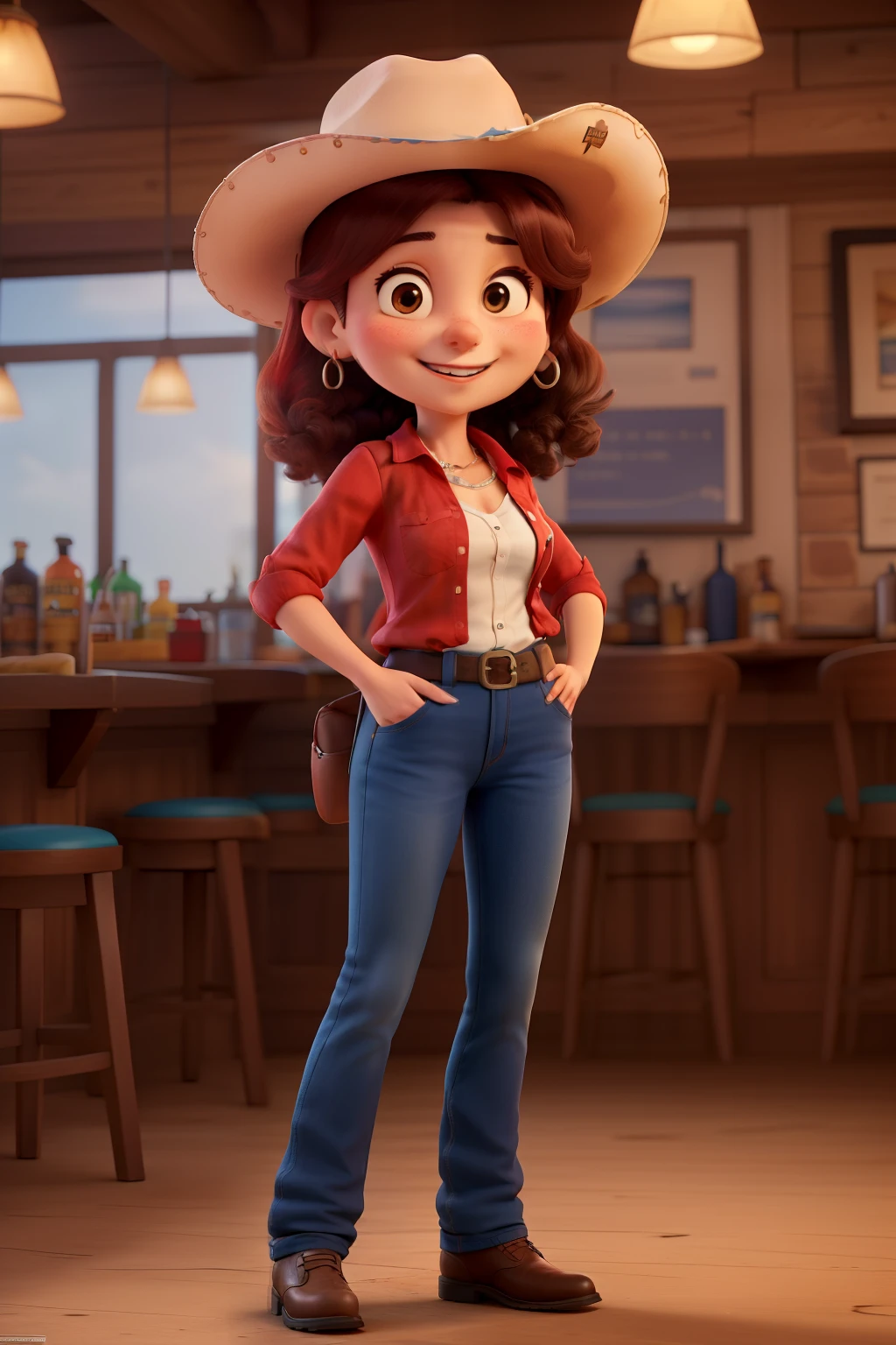 ((melhor qualidade)), ((Obra de arte)), (detalhado), uma mulher de aproximadamente 40 anos, waitress at a country bar, the uniform is a red shirt with blue details and a logo on the pocket, Wears a cowboy hat, other position, mais sorridente