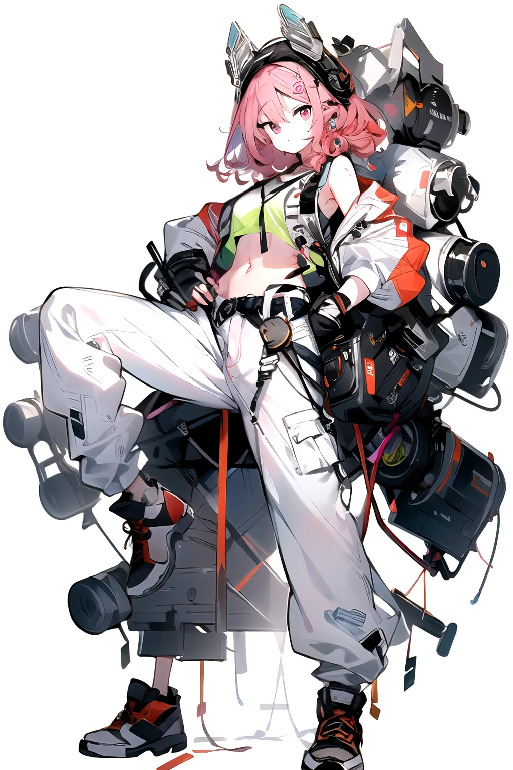 ((Full body shot)), ((No background)), ((White background)), line art, illustration, masterpiece, ultra detailed, high resolution, high quality, industrial, engineer, 1girl, solo, red eyes, facing viewer, closed mouth, long curly pink hair, wearing a midriff shirt, pink and white boots, ((one leg wearing white pants and the other leg wearing short denim white shorts)), stomach navel, dynamic pose