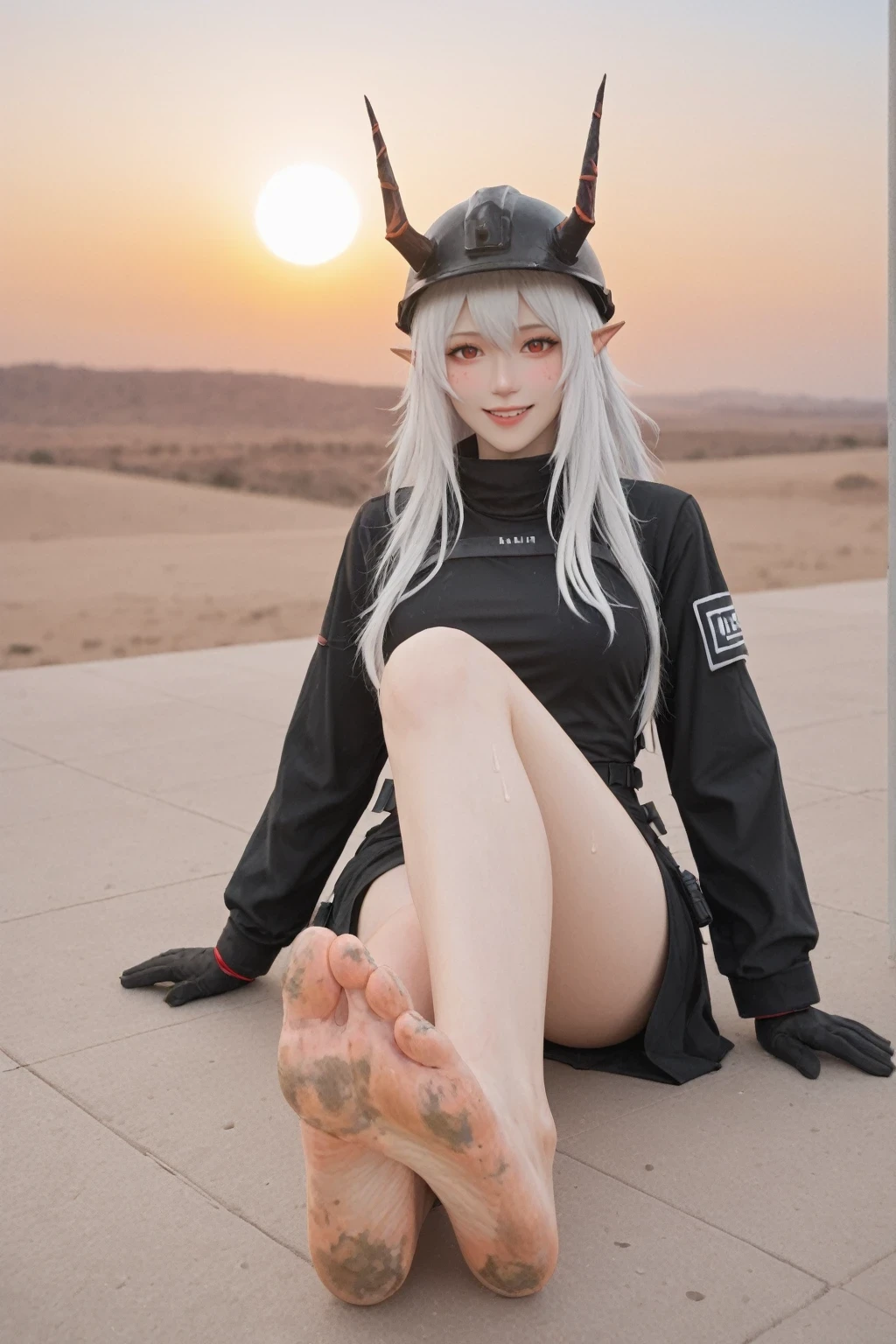 score_9, score_8_up, score_7_up, BREAK,
1girl,mudrock (arknights),dirty,feet,gloves,helmet,horns,soles,red eyes,barefoot,pointy ears,breasts,solo,long hair,white hair,black gloves,toes,hardhat,foot focus,looking at viewer,sitting,sweat,parted lips,dirty feet,holding,outdoors,sky,bangs,oripathy lesion (arknights),day,smile,blush,demon horns,infection monitor (arknights),foreshortening,sun,