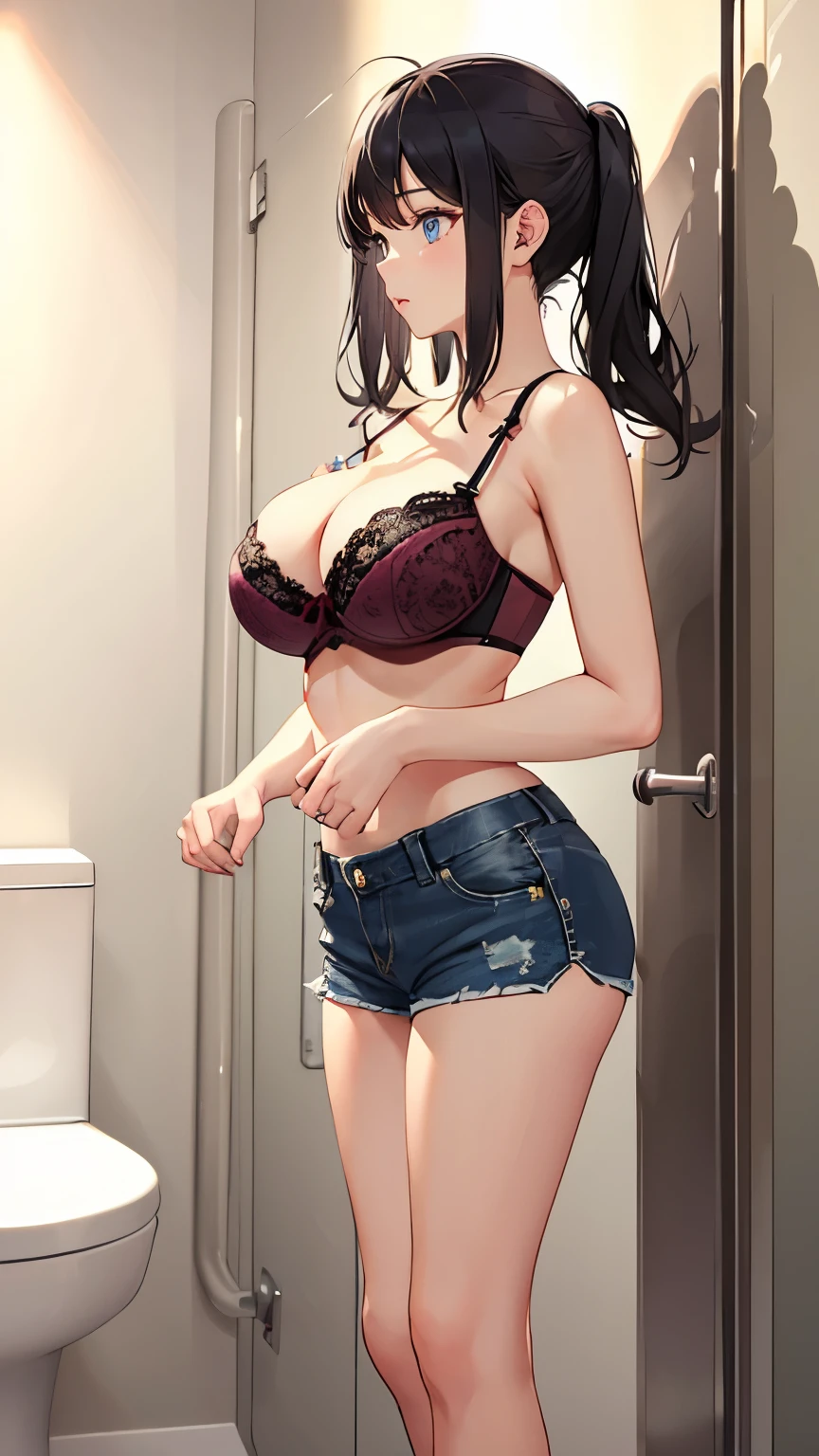 1 Girl, solo, Lace pink lingerie,bra,Skinny jeans,Look at the audience 1:5,Large breasts and breasts,Perfect body,black hair,Messy Hairstyle,The background is the toilet,Standing,Hand-pull bra straps