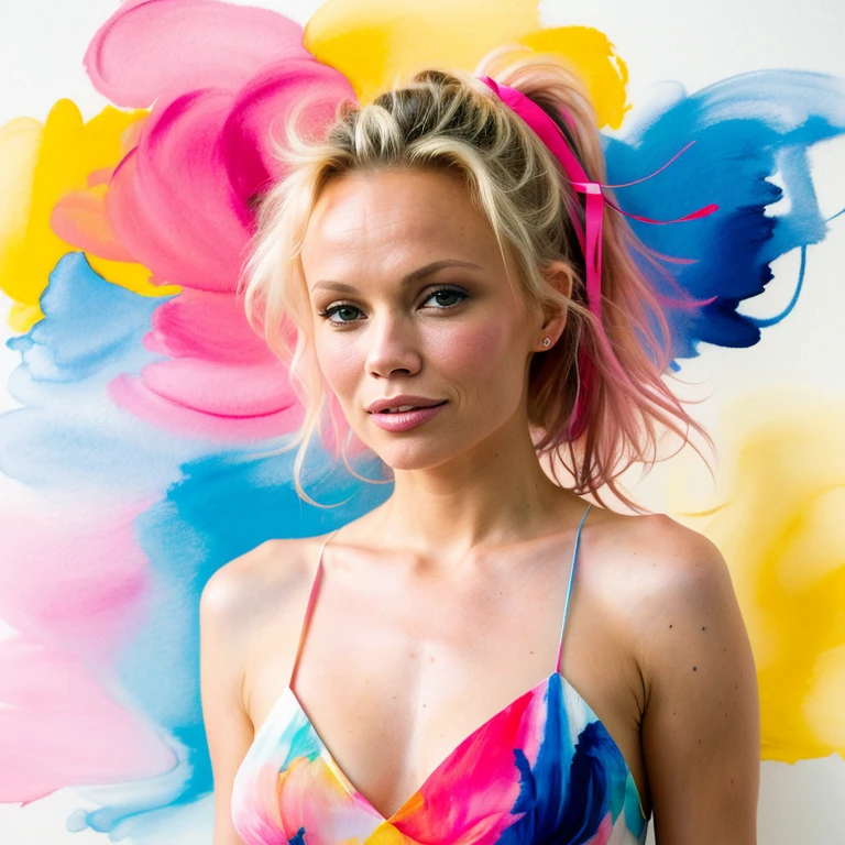 (8k, best quality, masterpiece:1.2),(best quality:1.0), (ultra highres:1.0), pencil colors, Pamela Anderson, shoulder, hair ribbons, by agnes cecile, full body photography, extremely luminous bright design, pastel colors, (ink:1.3), autumn lights