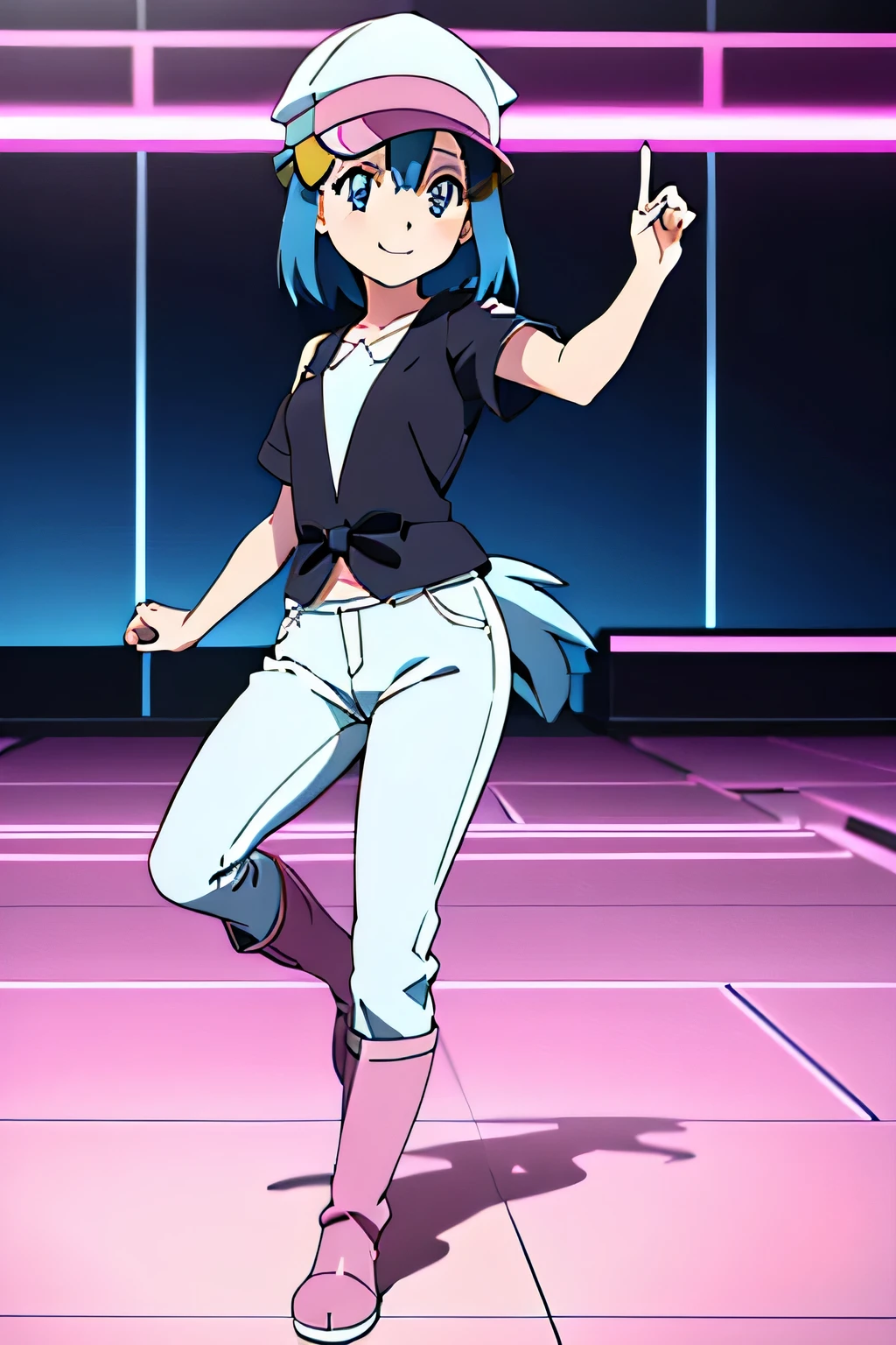 1girl, dawn, hikari, pokemon, blue hair, blue eyes, black short sleeves belly shirt, white jeans’ pants, white hat, pink boots, dance floor, Forehead,Smile, Looking at Viewer,masutepiece,Full body, Best Quality, (Colorful),volumatic light, tracing,the Extremely Detailed CG Unity 8K Wallpapers,Smile,
