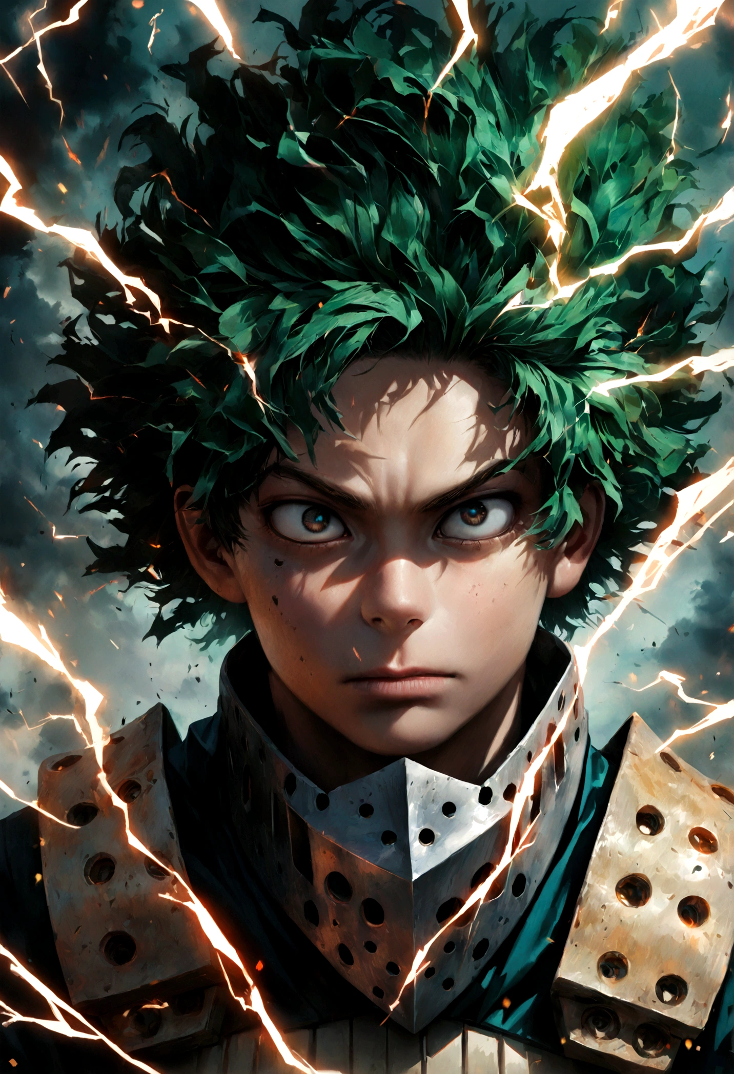 1boy, Midoriya Izuku from Boku no Hero Academia, detailed face and eyes, lightning electricity effects, serious expression, beautiful detailed face, masterpiece, ultra-detailed, photorealistic, cinematic lighting, dramatic colors, intricate details, hyperrealistic, digital art