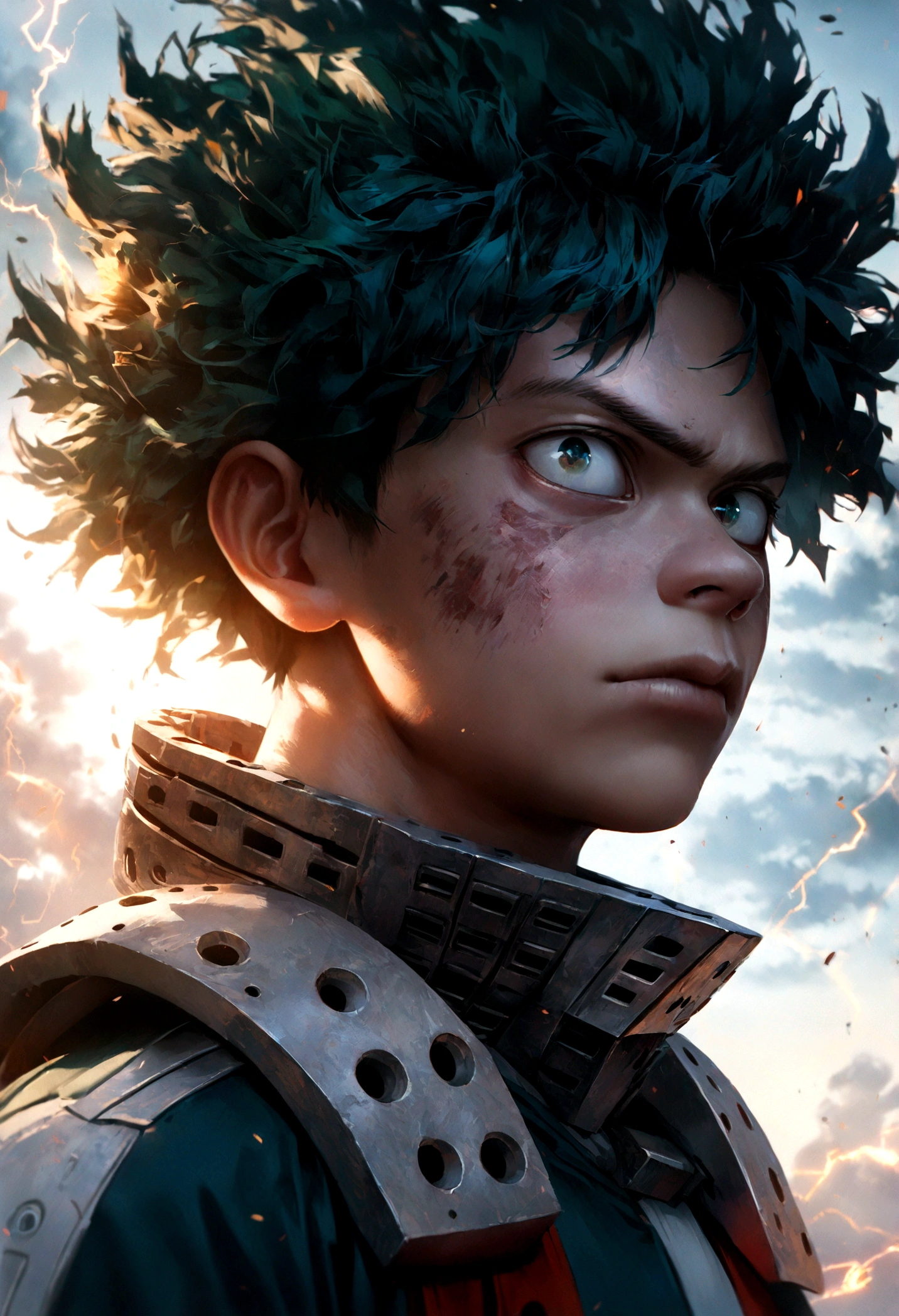 1boy, Midoriya Izuku from Boku no Hero Academia, detailed face and eyes, lightning electricity effects, serious expression, beautiful detailed face, masterpiece, ultra-detailed, photorealistic, cinematic lighting, dramatic colors, intricate details, hyperrealistic, digital art