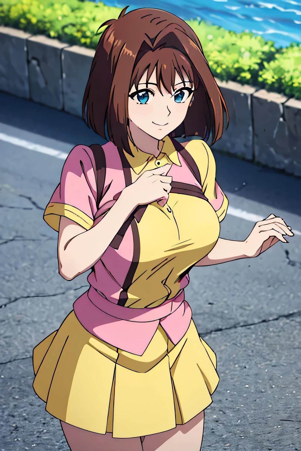 Highest quality,The perfect masterpiece, medium breasts, yellow short sleeves shirt, pink skirt, outdoors, smile, His hand on his hand, Huge breasts, 