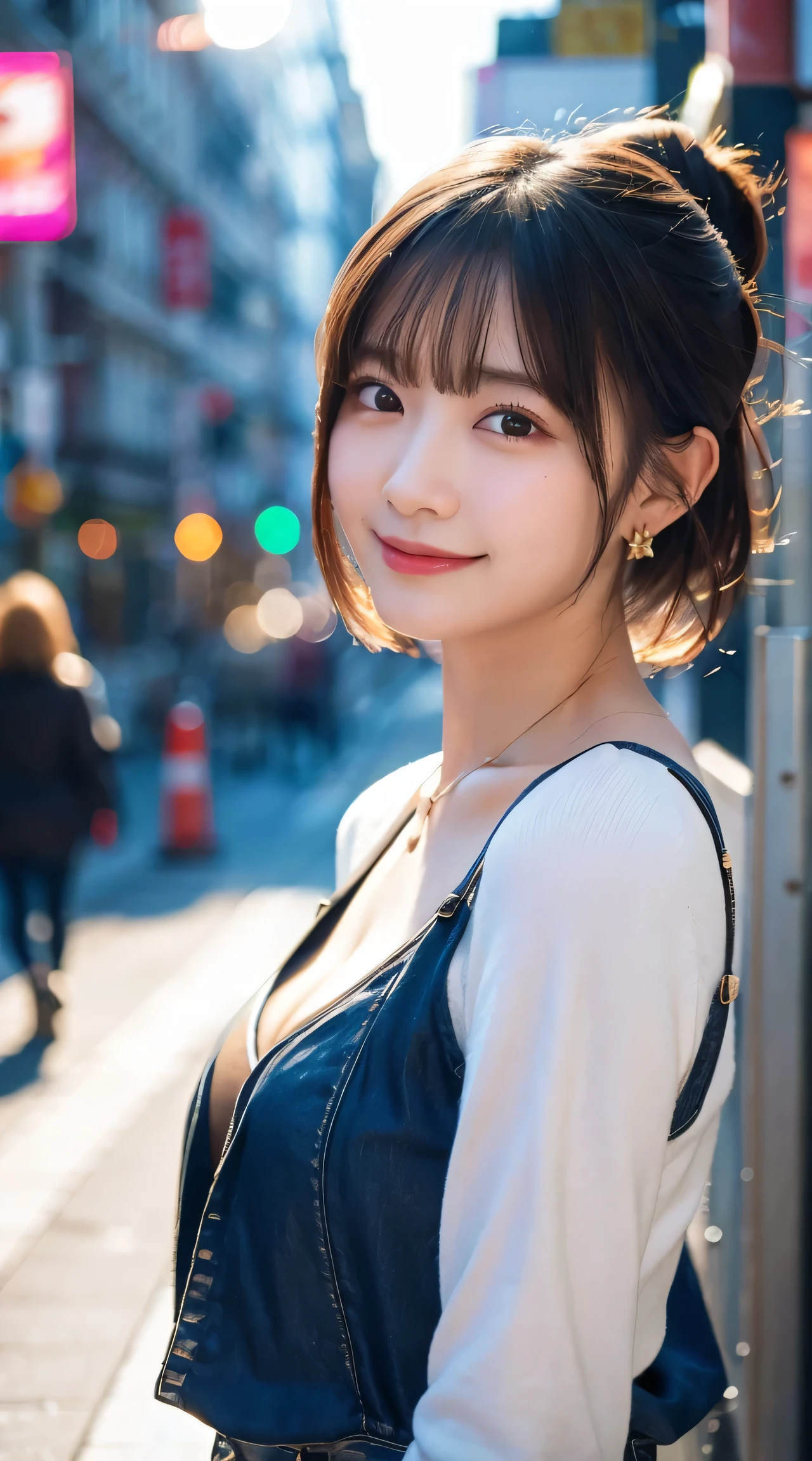(highest quality, masterpiece:1.3, ultra high resolution), (Super detailed, caustics, 8k), (photorealistic:1.4, RAW shooting), 1 girl, (look at the camera with a smile), 20-year-old, cute, Japanese, gradient hair color, Wolf Bob Kat hairstyle, ponytail hairstyle, Natural lips, (Cropped sweater, ripped jeans), wearing earrings, perfect jewelry, perfect earrings, cleavage, Tokyo street, Night, bust up shot, face focus, Natural light, Backlight, (A bright light shines from above), (Lens flare), professional writing, perfect bodies, perfect arms, Perfect fingers, perfect legs, perfect hair, pores, Realistic skin texture, perfect teeth, (low position), (Low - Angle)