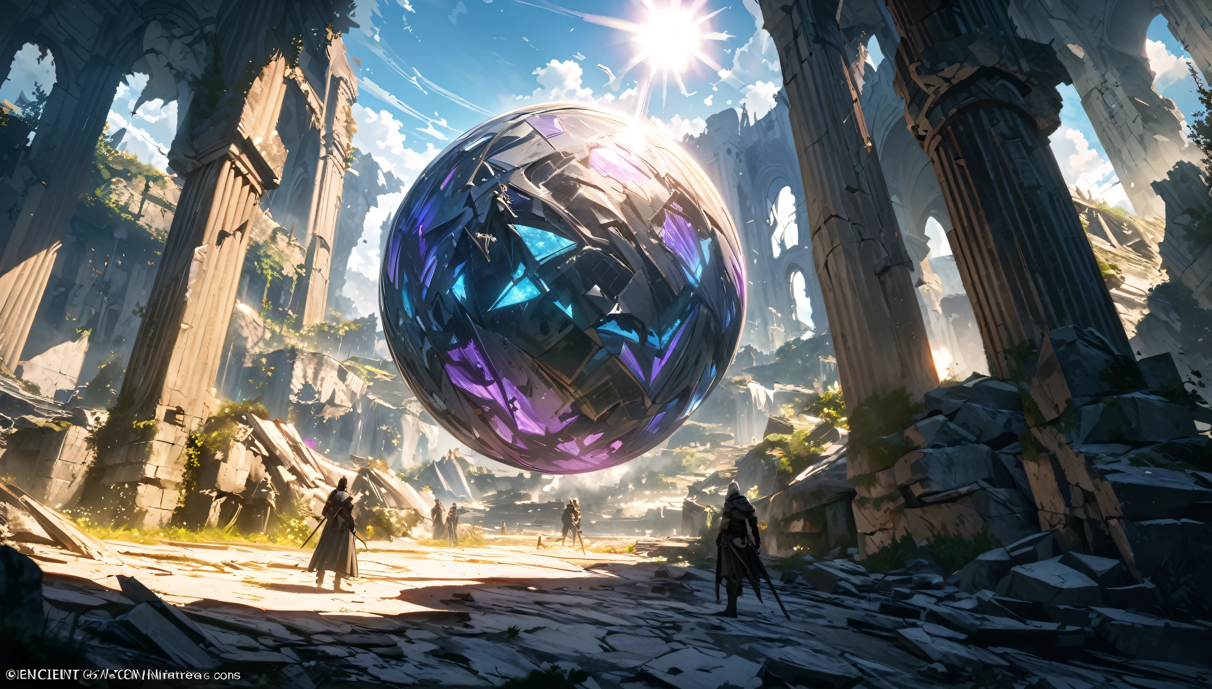  anime aestetics, encient ruins, ancietnt ritual, violet magic, crystalic magic, huge magic sphere, white stone, bright sun, broken walls, dark souls 3, bright day, calm atmosphere, intimidating, a little clouds, beautiful ruins, perfect angle, wide shot, perspective, atmospheric perspective, 4K, highres, best quality, award winning, super detail, masterpiece, accurate 