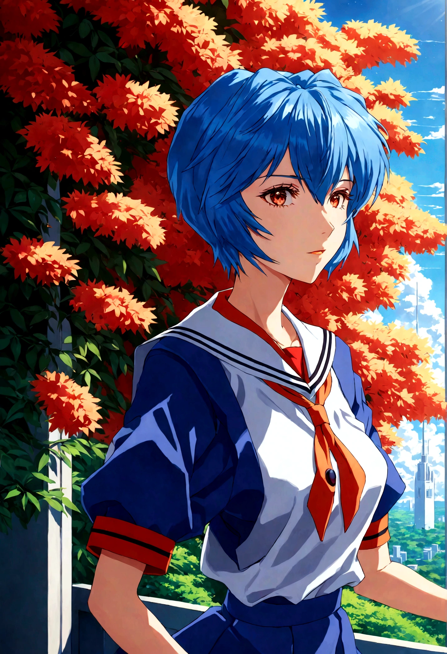 1girl, ayanami rei, neon genesis evangelion, a girl with blue hair and red eyes, anime style, 90s anime, school uniform, kawaii, detailed face, detailed eyes, detailed hair, beautiful detailed eyes, beautiful detailed lips, extremely detailed eyes and face, long eyelashes, dynamic pose, cinematic lighting, 8k, highly detailed, masterpiece, digital painting, vibrant colors, atmospheric, dramatic lighting, anime artwork, anime style, visual, vibrant, studio anime, highly detailed