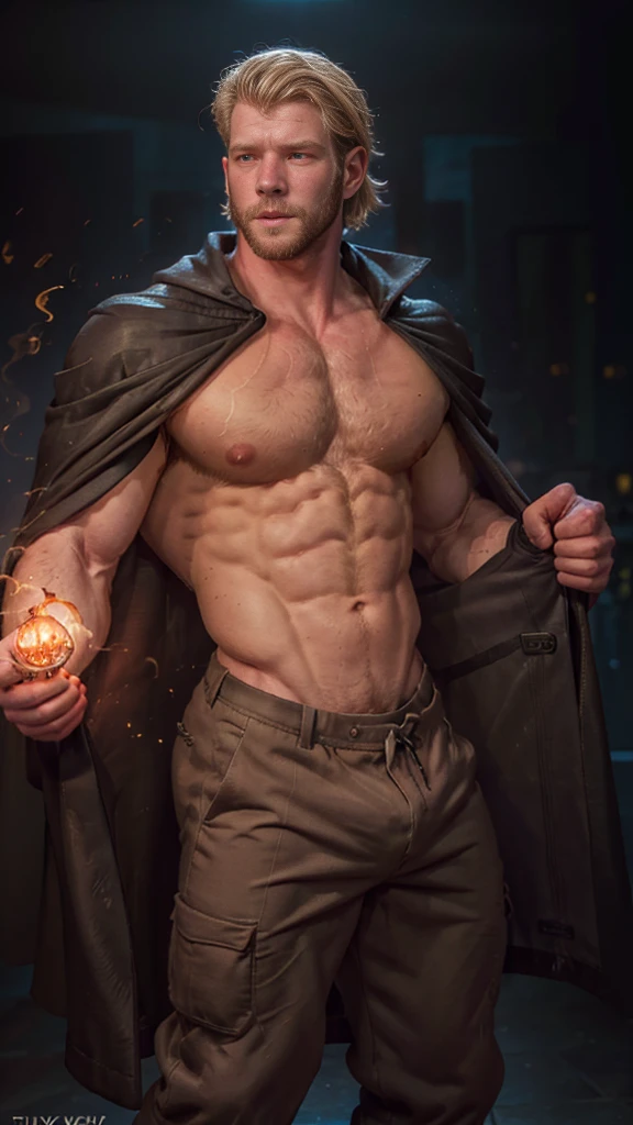 ((Masterpiece)), ((denoise)), ((void noise)), one man, best quality, 8k resolution, male focus, focus only, amazing composition, volumetric lighting, super quality, elegant, Very detailed, (front view), -----------, 35 years old, mature face, muscular, thin body, handsome, (detailed light-gray eyes, detailed eyes), (((light blonde hair, medium lenght hair))), ((big ears)), (((furry pectorals, thick plenty chest hair))), ((pale skin)), (((Medium length beard))), (((((Russell tovey))))),-----------, (((wizard trousers and cape costume attire))), (((flames surounding him))), (((magical lines all around)))