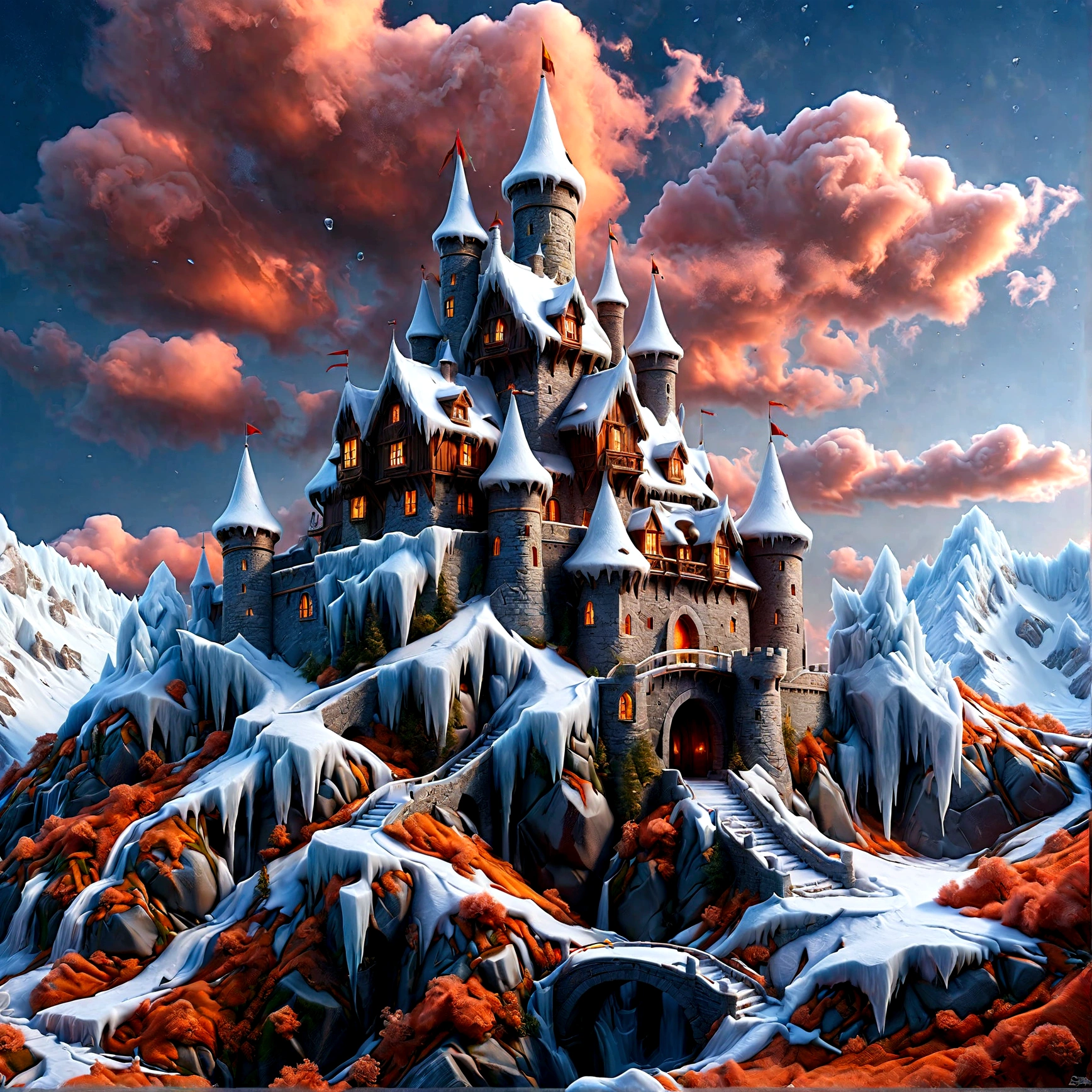 a panoramic award winning photography, Photorealistic, extremely detailed of a castle made from (ice: 1.3), standing on the peak of a snowy mountain, an impressive best detailed castle made from ice (Photorealistic, extremely detailed), with towers, bridges, a moat filled with lava (Photorealistic, extremely detailed),  standing on top of a snowy mountain (masterpiece, extremely detailed, best quality), with pine trees, sunset light, some clouds in the air,  alpine mountain range background, best realistic, best details, best quality, 16k, [ultra detailed], masterpiece, best quality, (extremely detailed), ultra wide shot, photorealism, depth of field, faize, raging nebula