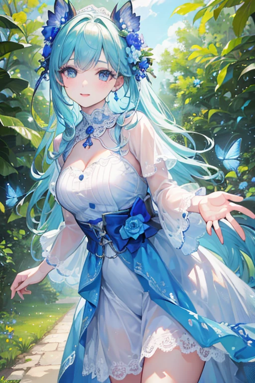 (best quality,4k,8k,highres,masterpiece:1.2),ultra-detailed,(realistic,photorealistic,photo-realistic:1.37),highly detailed young girl standing in a lush garden, smiling, reaching out to touch a butterfly, beautiful blue sky background, holding a flower, cute teenager, medium build, detailed facial features, beautiful eyes,long eyelashes, button nose, full lips