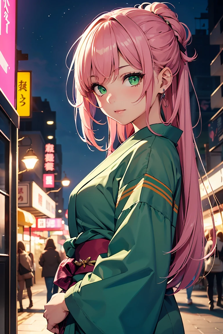 ((1 girl)), Latest Trends in Clothing, yukata, Night Festival,Cowboy Shot,((Very detailed,highest quality, High resolution, 8k wallpaper, Beautiful clothes,)),((Pink Hair, Long Hair,Tie up your hair)), (Green Eyes),eye shadow, eyeliner,Glow Eye, Very detailedな目, Beautiful Eyes, ((輝くGreen Eyes)), 18-year-old girl