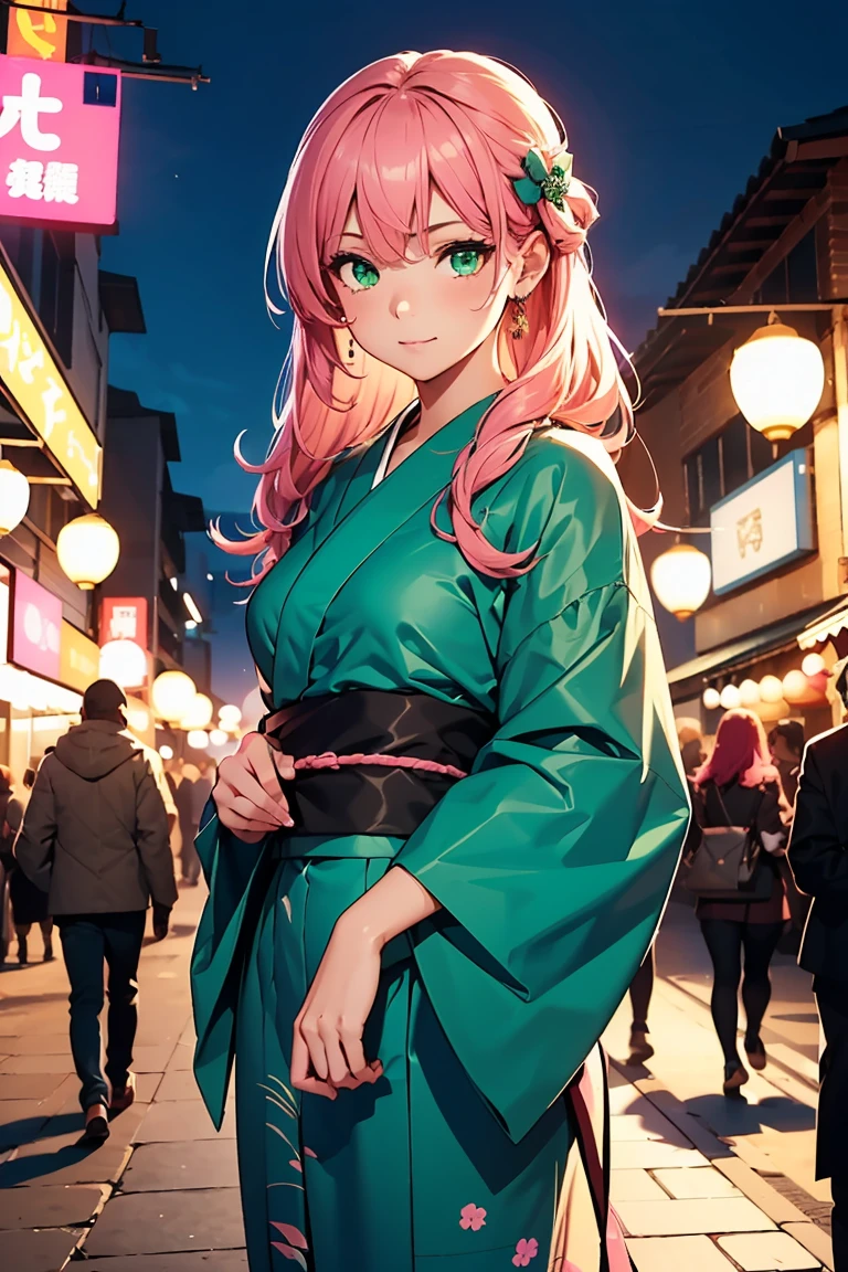 ((1 girl)), Latest Trends in Clothing, yukata, Night Festival,Cowboy Shot,((Very detailed,highest quality, High resolution, 8k wallpaper, Beautiful clothes,)),((Pink Hair, Long Hair,Tie up your hair)), (Green Eyes),eye shadow, eyeliner,Glow Eye, Very detailedな目, Beautiful Eyes, ((輝くGreen Eyes)), 18-year-old girl