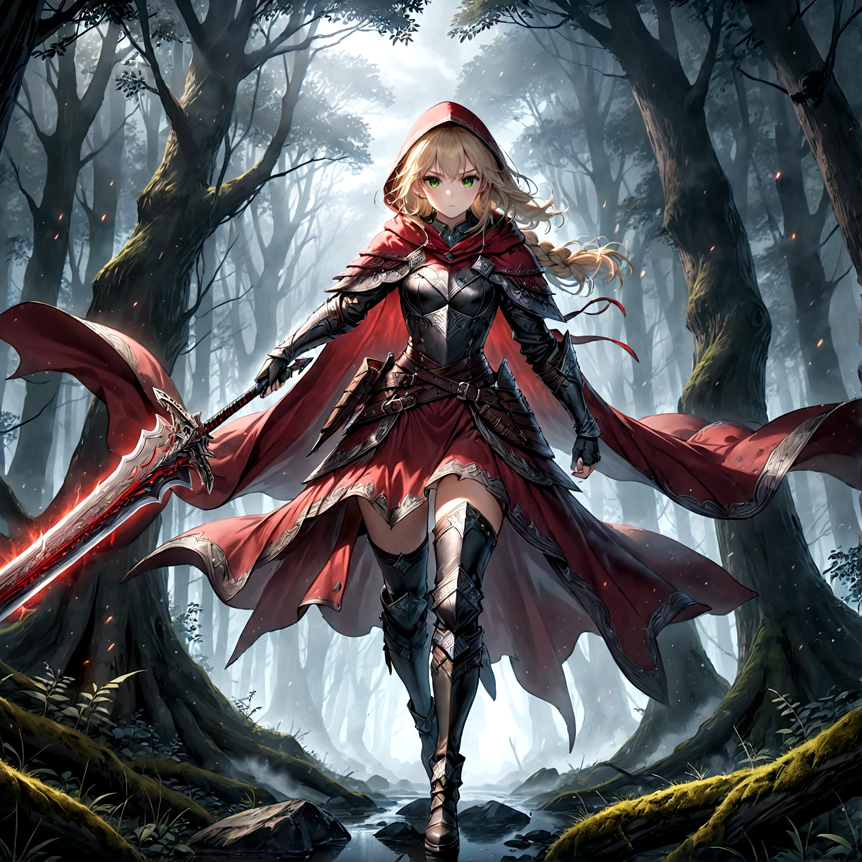 fantasy art, RPG art, Dark fantasy art, ultra wide shot, RAW, photorealistic, a picture of (1single: 1.5) female human ranger, the ranger, an exquisite beautiful human woman, long blond hair, braided hair, green eyes, wearing leather armor, wearing (red cloak: 1.1), armed with a (sword: 1.3), wearing laced boots, standing in a dark forest at night, (mist rising from the grounds: 1.3), a sense of dread and fear, yet she stands defiant and fearless, dark fantasy forest background, best quality, 16k, [ultra detailed], masterpiece, best quality, (ultra detailed), full body, ultra wide shot, photorealism, Sword and shield, dark novel