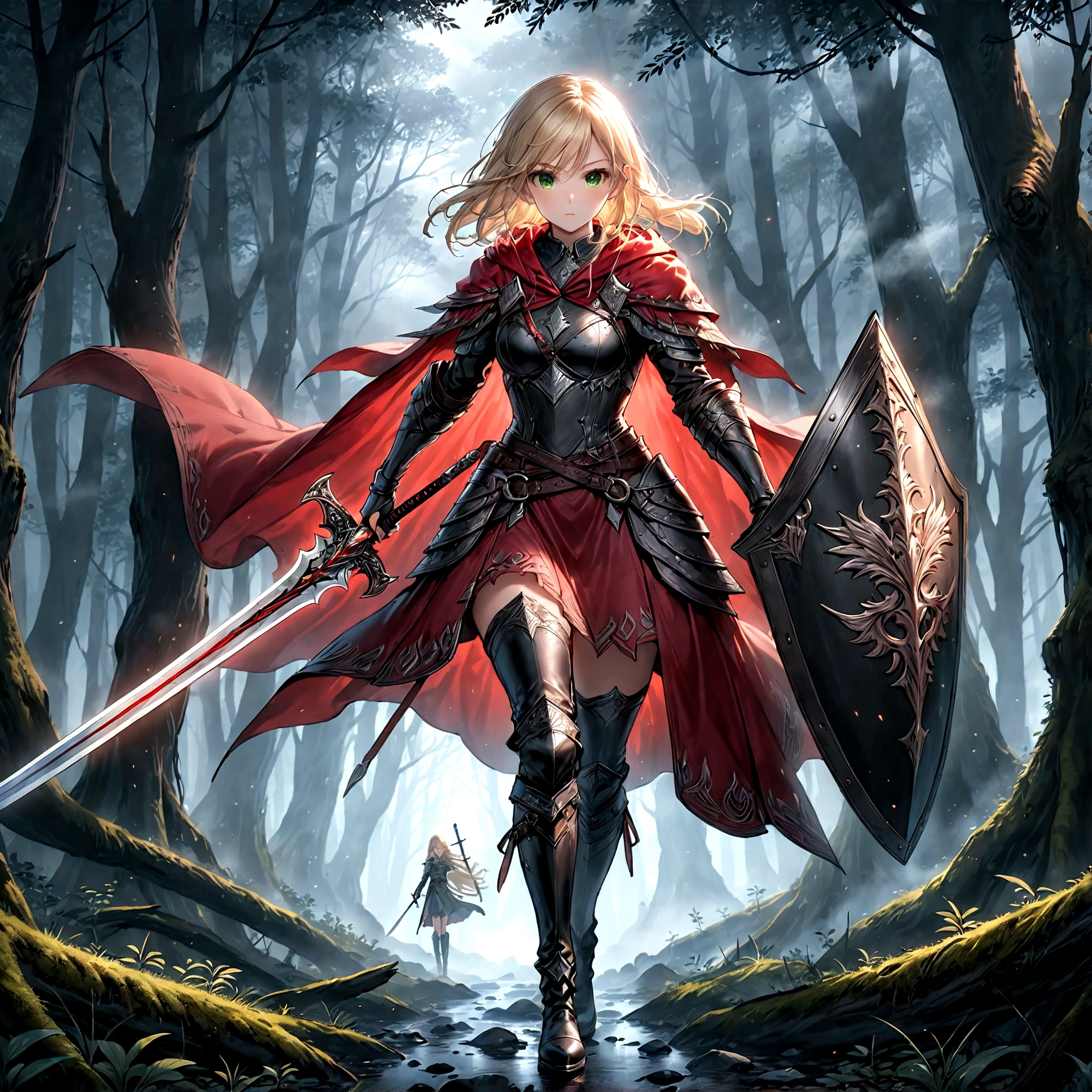 fantasy art, RPG art, Dark fantasy art, ultra wide shot, RAW, photorealistic, a picture of (1single: 1.5) female human ranger, the ranger, an exquisite beautiful human woman, long blond hair, braided hair, green eyes, wearing leather armor, wearing (red cloak: 1.1), armed with a (sword: 1.3), wearing laced boots, standing in a dark forest at night, (mist rising from the grounds: 1.3), a sense of dread and fear, yet she stands defiant and fearless, dark fantasy forest background, best quality, 16k, [ultra detailed], masterpiece, best quality, (ultra detailed), full body, ultra wide shot, photorealism, Sword and shield, dark novel