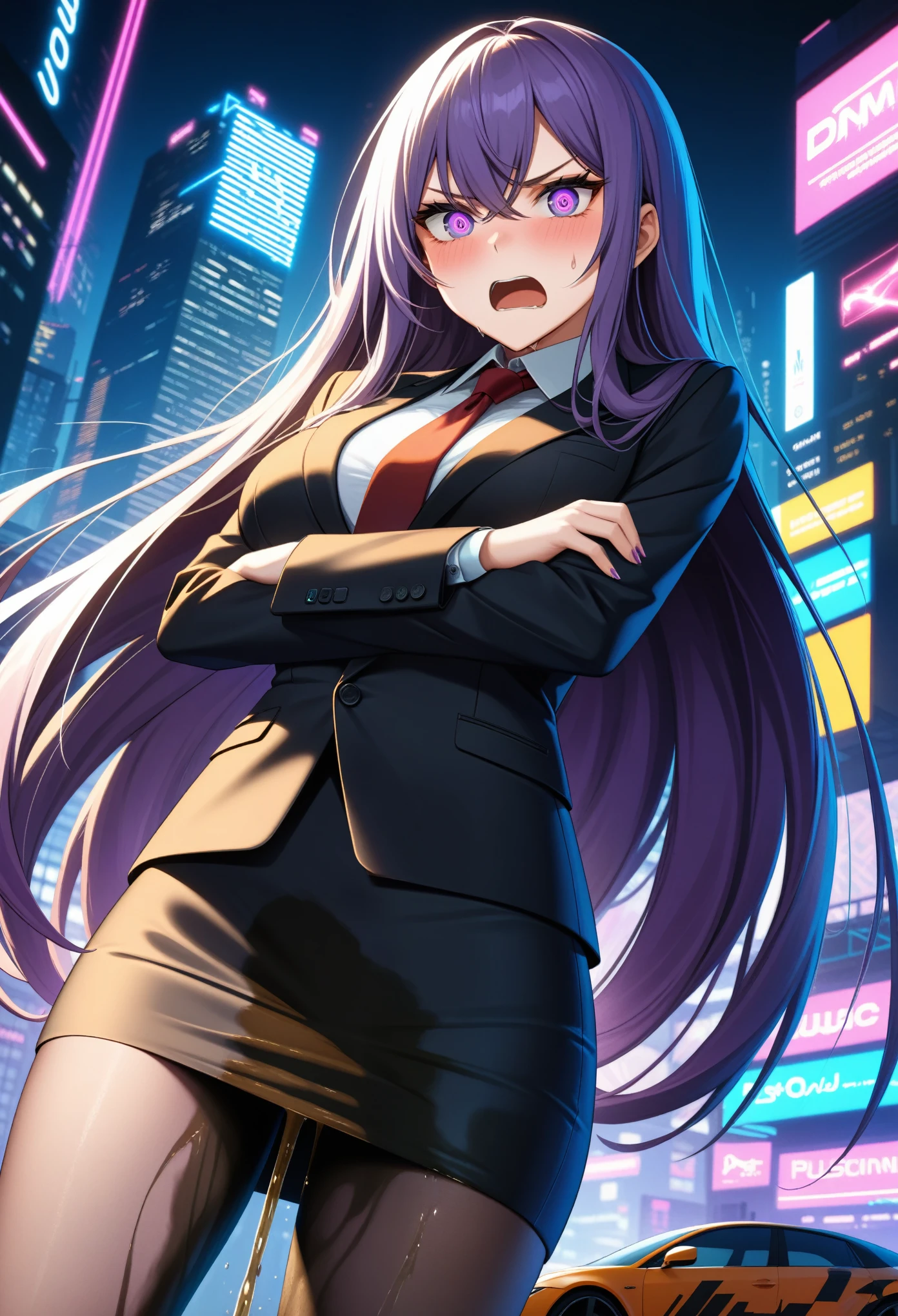 (high quality,Very detailed:1.37, High resolution), Woman, (very long hair:1.5), dark purple hair, purple eeyes, large breasts, (wetting herself:1.5), standing, business suit, necktie, (very long pencil skirt:1.5), pantyhose, (arms crossed:1.5), (embarrassed:1.5), (humiliation:1.5), (angry:1.25), (blushing:1.5), open mouth, Cyberpunk Style, Cyberpunk Cityscape, Neon Light, High-tech accessories, Meticulous details, (extremely detailed eys:1.37), Glowing LED pattern, Urban scenery, Futuristic elements, Mysterious Aura, ,Flying cars racing through the air, Holographic Advertising, Visually stunning architecture, Energetic and dynamic poses, Gives off a powerful aura, The cityscape reflected in her metallic eyes, Graceful movement amidst chaos, A moonlit sky with a futuristic hue, Pulsating Electronic Soundtrack, Enhanced Augmented Reality Overlays, Interacting with virtual objects in the environment