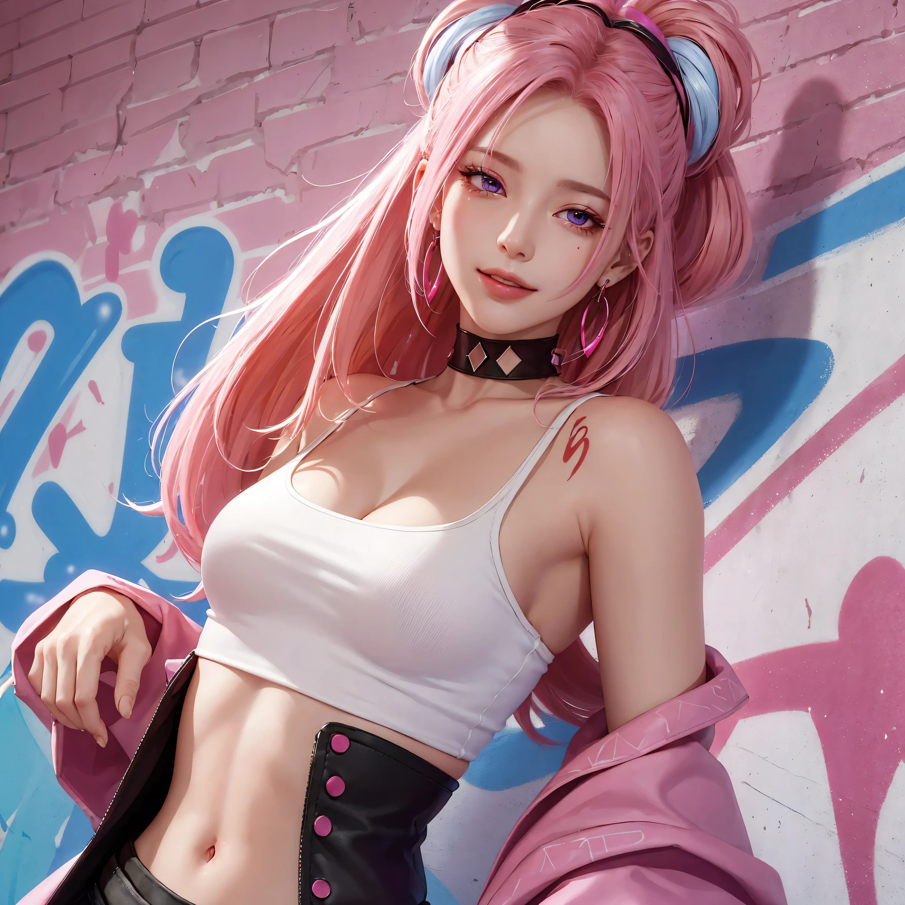 (Masterpiece, best quality, 1 girl, alone, complicated details, Chromatic aberration), realistic, ((Moderate breath)),long hair, pink hair, Red headpiece, Pink Highlights, hair on one eye,purple eyes, earring, sharp eyes, choker, Neon coat, She wears a collar, bangle, and kimono style garters., crop top, (symmetrical eyes),(Perfect symmetrical body),against the wall, Brick wall, (colorful graffiti words on the wall:1.2), The light is dim., alley ,Look at the viewer.、Dig the chest、smile、(sleeveless、Navel touch、Fitted turtleneck.)、street string hot pants、Thin bottom、Please build above the eaves..、Thin shoulders、in underwear、