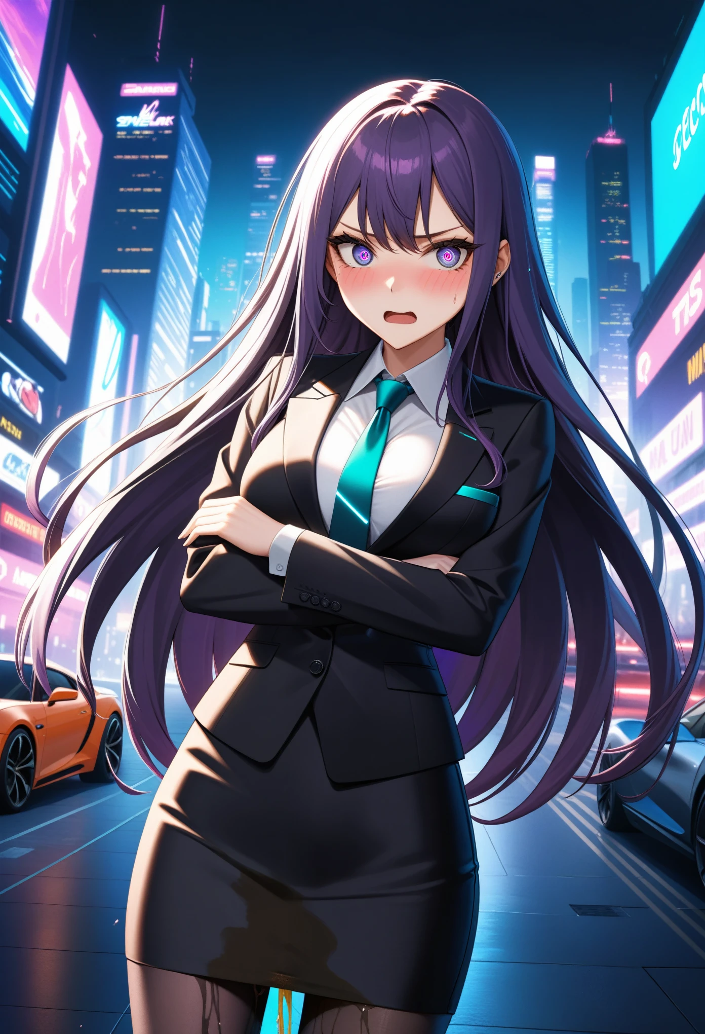 (high quality,Very detailed:1.37, High resolution), Woman, (very long hair:1.5), dark purple hair, purple eeyes, large breasts, (wetting herself:1.5), standing, business suit, necktie, (very long pencil skirt:1.5), pantyhose, (arms crossed:1.5), (embarrassed:1.5), (humiliation:1.5), (angry:1.25), (blushing:1.5), open mouth, Cyberpunk Style, Cyberpunk Cityscape, Neon Light, High-tech accessories, Meticulous details, (extremely detailed eys:1.37), Glowing LED pattern, Urban scenery, Futuristic elements, Mysterious Aura, ,Flying cars racing through the air, Holographic Advertising, Visually stunning architecture, Energetic and dynamic poses, Gives off a powerful aura, The cityscape reflected in her metallic eyes, Graceful movement amidst chaos, A moonlit sky with a futuristic hue, Pulsating Electronic Soundtrack, Enhanced Augmented Reality Overlays, Interacting with virtual objects in the environment