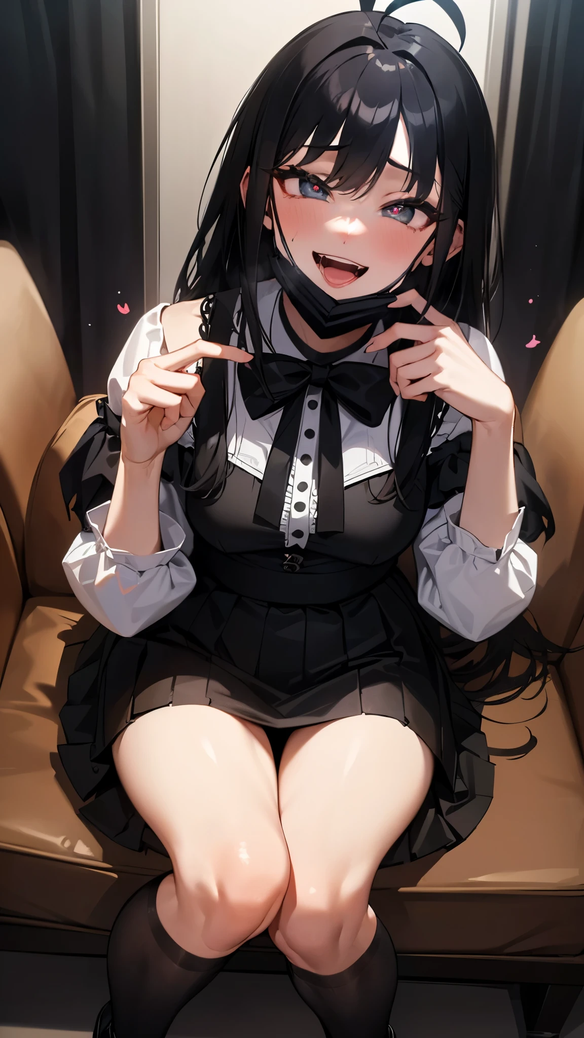 ((((Open your mouth))))、masterpiece,highest quality,High resolution,Very detailed,bb Festival,skinny,Ahoge,Black Hair,((((( Captivating smile ))))),skinny,Hair between the eyes,bangs,Hair Dark Brown Skin、Ribbon,Black Choker,Earrings,Black Ribbon,pleats shirt,Grey Shirt,shoulder cutout,Short sleeve,See-through sleeves,Black Skirt,High Waist Skirt,(((( Perfect Fingers )))) , shoes,(black shoes:1.4),Race trim,shoes,Black footwear,indoor,(sexy bed:1.2),((Heart-shaped pupils:1.3, Blowjob Gestures:1.5))、Open your mouth ,Sitting, bed ,Heavy breathing ,Hand in front of your mouth,Hand in front of mouth, manga,text,magazine、(Black mask:1.2, mask pull:1.3, Dark Room:1.5, Dim lighting:1.5)、Sharp Eye