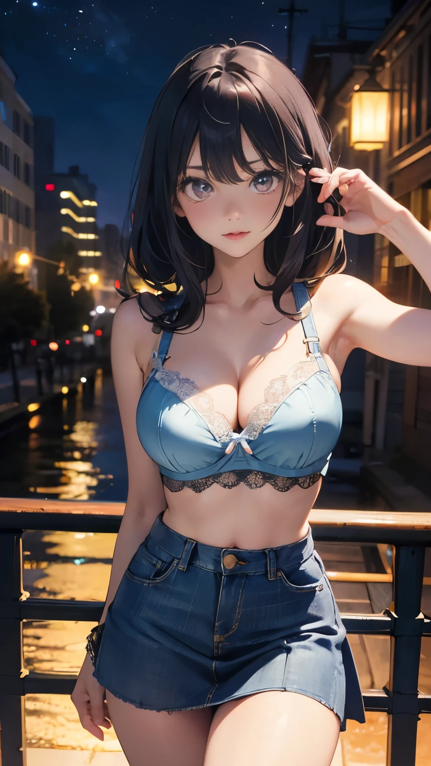 illustration:Ultra-delicate,one,25 years old,bra,Lace underwear,Wearing underwear,Good-looking chest,Good-looking underwear,Sexy thighs,Denim skirt,Black hair,Coiled hair,Look at the camera,Big breasts,night,Hands over skirts