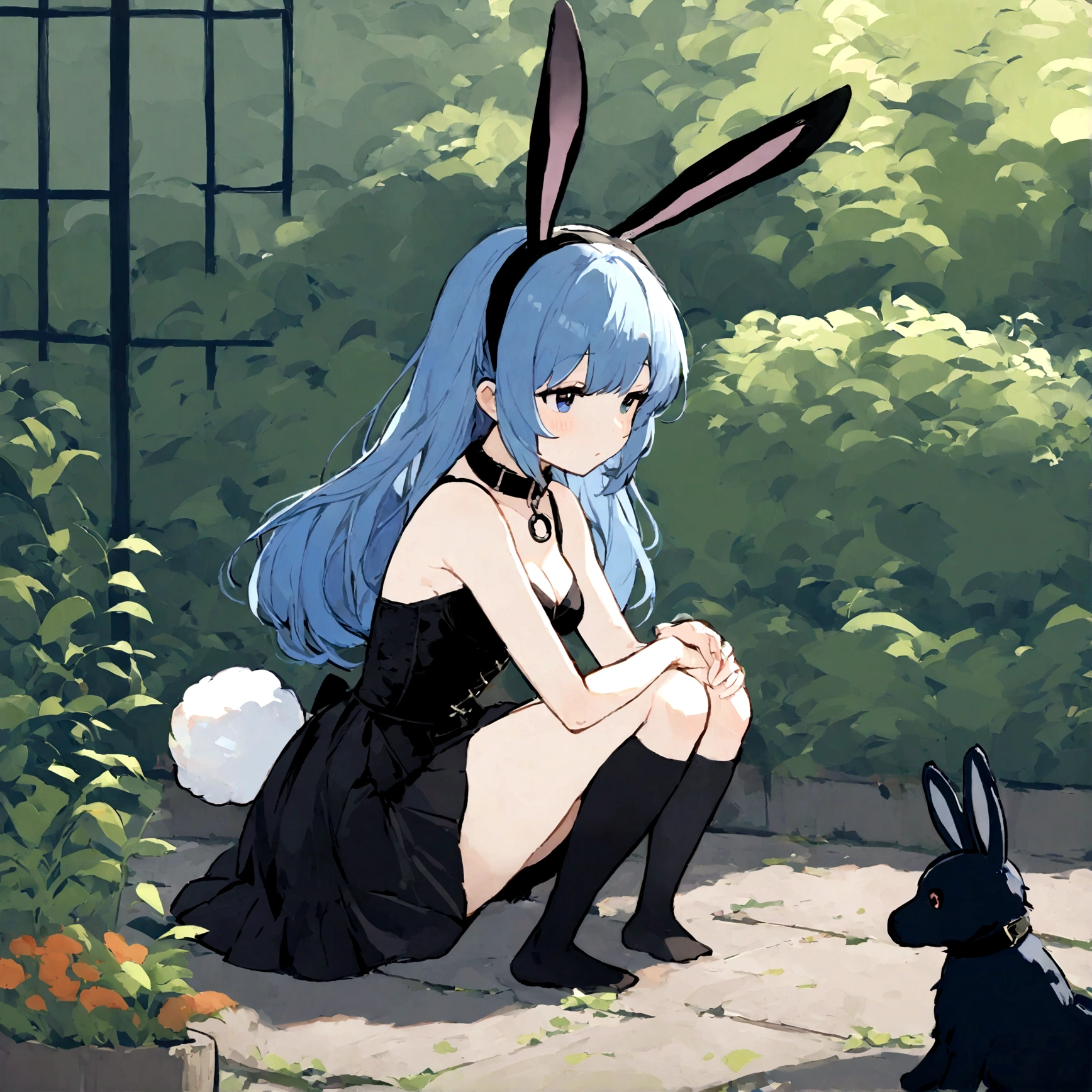 a sexy female with long blue hair, has big fuzzy bunny ears, has a bunny tail, wearing a black corset, wearing a black mini skirt, has a dark blue dog collar on, wearing cute thigh high socks, relaxing on knees, solo, alone, (SOLO)ALONE), no dogs, single girl, on knees, outside in a garden