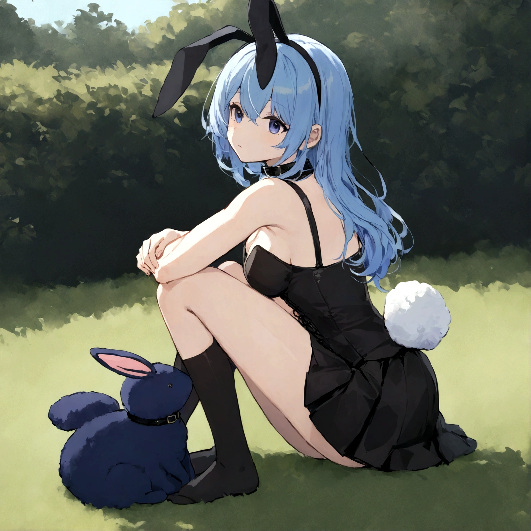 a sexy female with long blue hair, has big fuzzy bunny ears, has a bunny tail, wearing a black corset, wearing a black mini skirt, has a dark blue dog collar on, wearing cute thigh high socks, relaxing on knees, solo, alone, (SOLO)ALONE), no dogs, single girl, on knees, outside in a garden