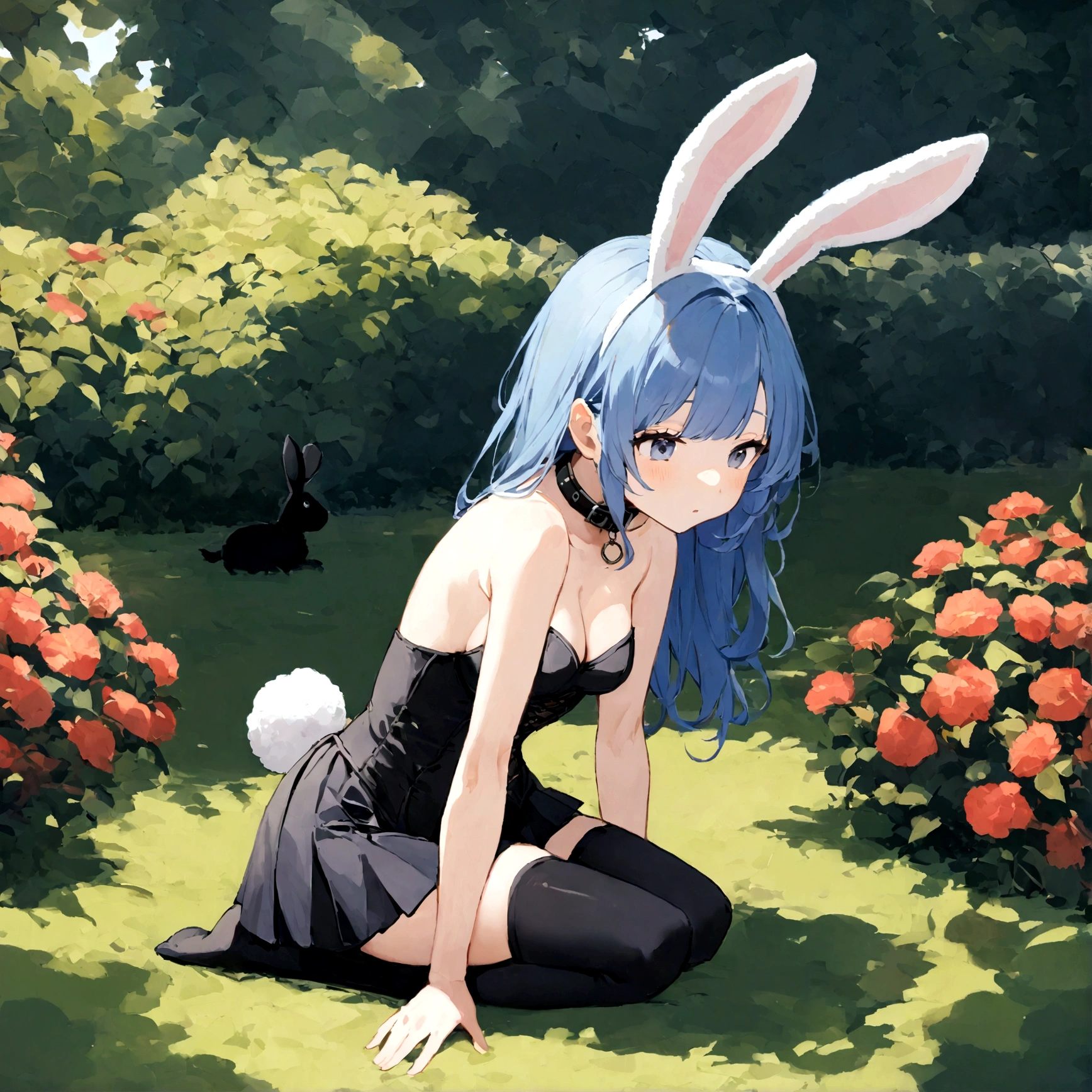 a sexy female with long blue hair, has big fuzzy bunny ears, has a bunny tail, wearing a black corset, wearing a black mini skirt, has a dark blue dog collar on, wearing cute thigh high socks, relaxing on knees, solo, alone, (SOLO)ALONE), no dogs, single girl, on knees, outside in a garden