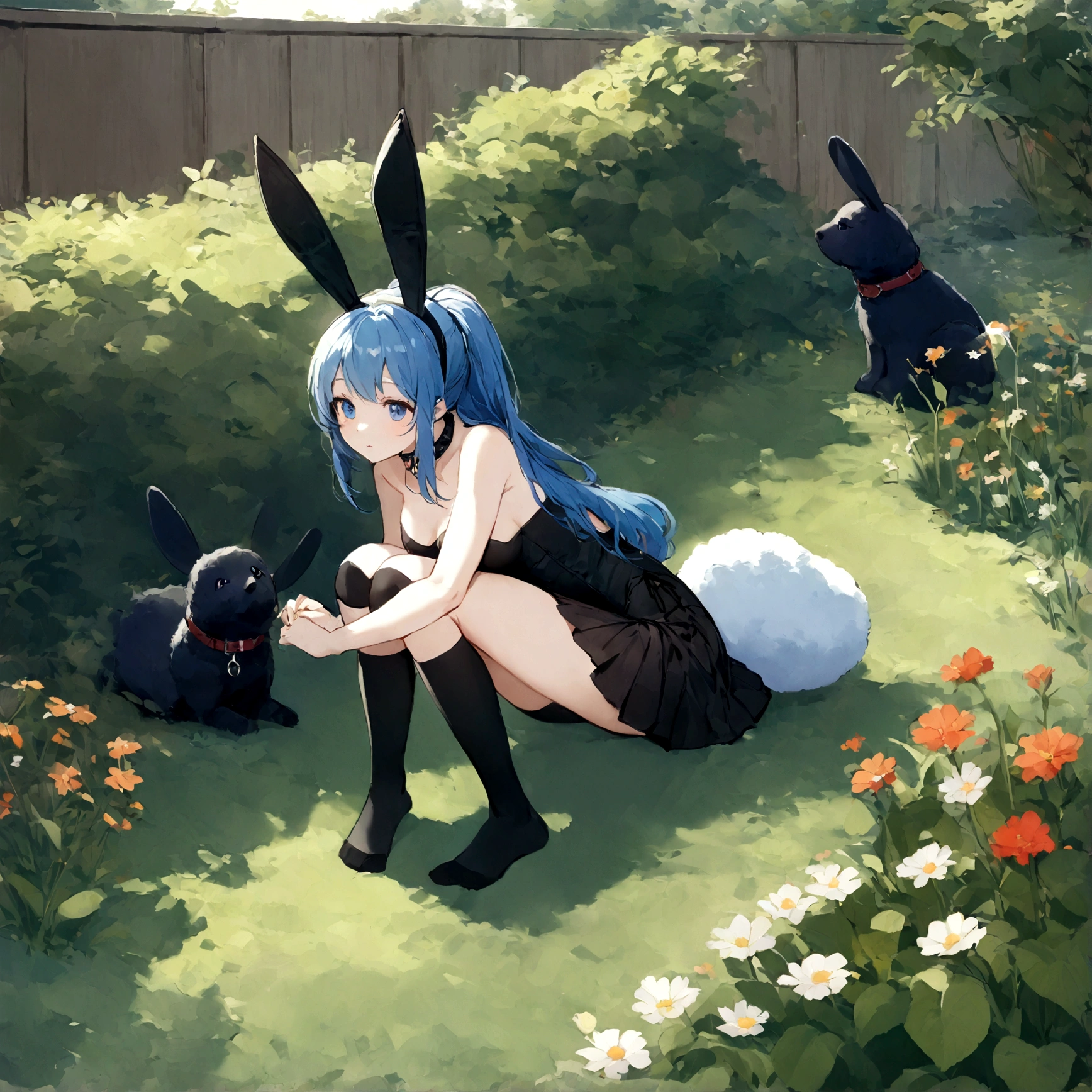 a sexy female with long blue hair, has big fuzzy bunny ears, has a bunny tail, wearing a black corset, wearing a black mini skirt, has a dark blue dog collar on, wearing cute thigh high socks, relaxing on knees, solo, alone, (SOLO)ALONE), no dogs, single girl, on knees, outside in a garden