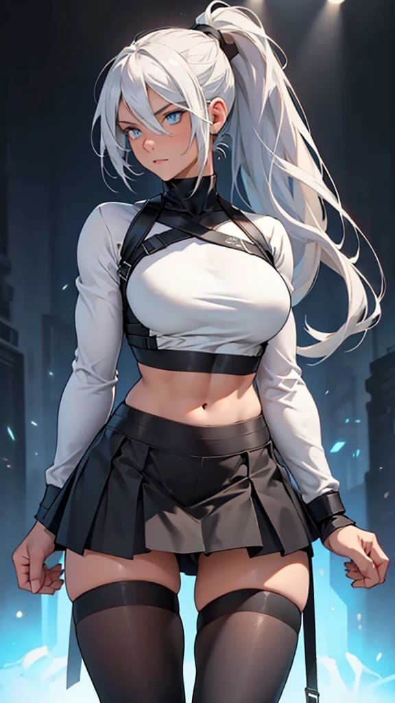 Beautiful girl in black  going to high-school detailed muscles realistic masterpieces full figure pose (best quality,ultra-detailed), white-haired girl, vibrant blue eyes, high ponytail, fair skin, fit body, slim figure, narrow waist, large buttocks, (confident expression), black skirt and tights, thighgap, high school background on Earth