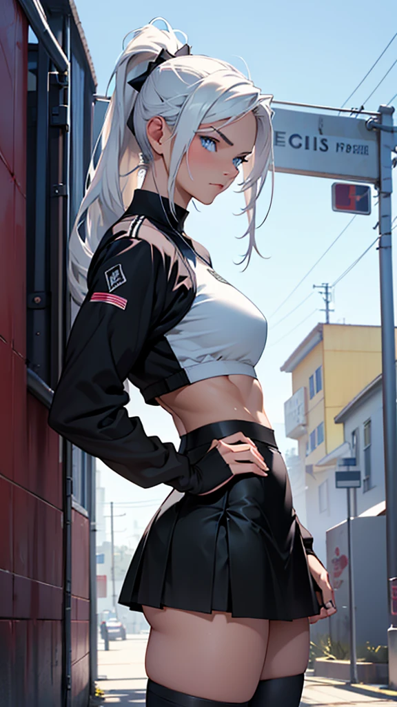 Beautiful girl in black  going to high-school detailed muscles realistic masterpieces full figure pose (best quality,ultra-detailed), white-haired girl, vibrant blue eyes, high ponytail, fair skin, fit body, slim figure, narrow waist, large buttocks, (confident expression), black skirt and tights, thighgap, high school background on Earth