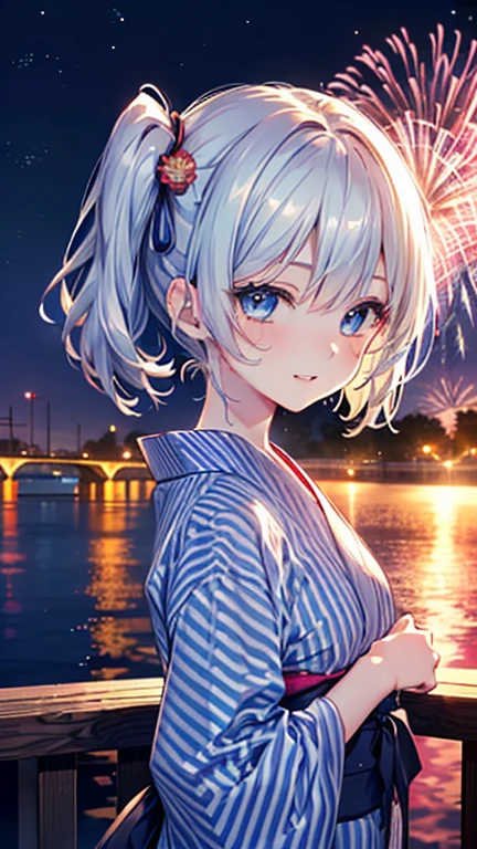 A girl is posing for a photo,pretty girl,Enchanting girl,Anime Girls,
(((One Girl,Baby Face,16 years old))),
BREAK 
 
((Dark blue yukata + White stripes), Wearing women&#39;s geta on bare feet)、
BREAK 

(Silver Hair, (Long double vertical roll twin tails))、
(Drooping eyes,blue eyes),(Small breasts),
BREAK 

(Evil Smile),
((night + On a wooden arched bridge:1.4 + You can see the fireworks.)), ((Are standing、Upper Body Shot)), 
BREAK 

(Beautiful Hair,Shiny Hair),
(Expression of fine eyes,Beautiful and delicate eyes,Sparkling eyes,Eye Reflexes),
(double eyelid,Long eyelashes),
(Beautiful Nose,Thin Nose),
(Glossy lips,Beautiful Lips,Thick lips),
(Symmetrical facial features,Perfect Face),(((Detailed skin,Oily skin,Textured skin,Beautiful Skin))),
BREAK 

(((highest quality)),((masterpiece)),((Very detailed))),((High resolution),(8k),(16k,1080p),(Anime 2D Rendering)),(Anatomically correct),
(The best CG),Highly detailed art,CG illustration,
