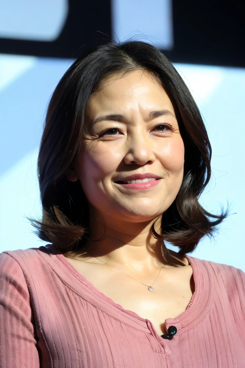 最high quality, In 8K, Masseter muscle area, Lifelike, Sharp focus, high quality, High resolution, Detailed face, Detailed eyes, Thick lips, (Look at the viewers), solo, Middle-aged women, , 60 years old, , Wavy Hair, Cleavage, Wearing a plain short-sleeved knit, Afternoon in front of the park garden, Wrinkles around the eyes, Toothy smile