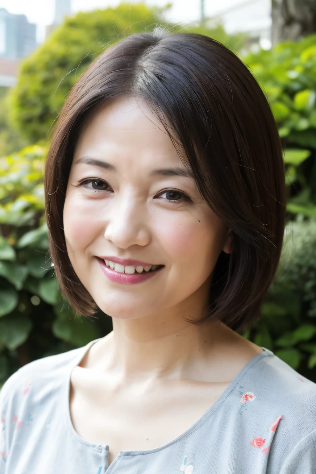 最high quality, In 8K, Masseter muscle area, Lifelike, Sharp focus, high quality, High resolution, Detailed face, Detailed eyes, Thick lips, (Look at the viewers), solo, Middle-aged women, , 60 years old, , Wavy Hair, , Wearing a plain short-sleeved knit, Afternoon in front of the park garden, Wrinkles around the eyes, Toothy smile