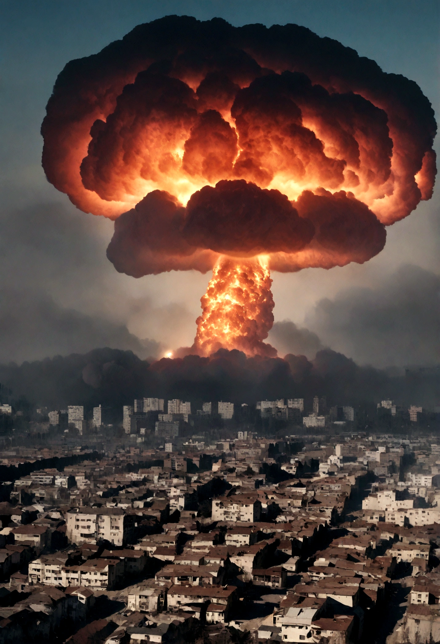 Realistic photo. A mushroom cloud from a nuclear explosion over a city with Soviet-built multi-story residential buildings. The most realistic dark photo. Do, to look like historical photographs of nuclear explosions.