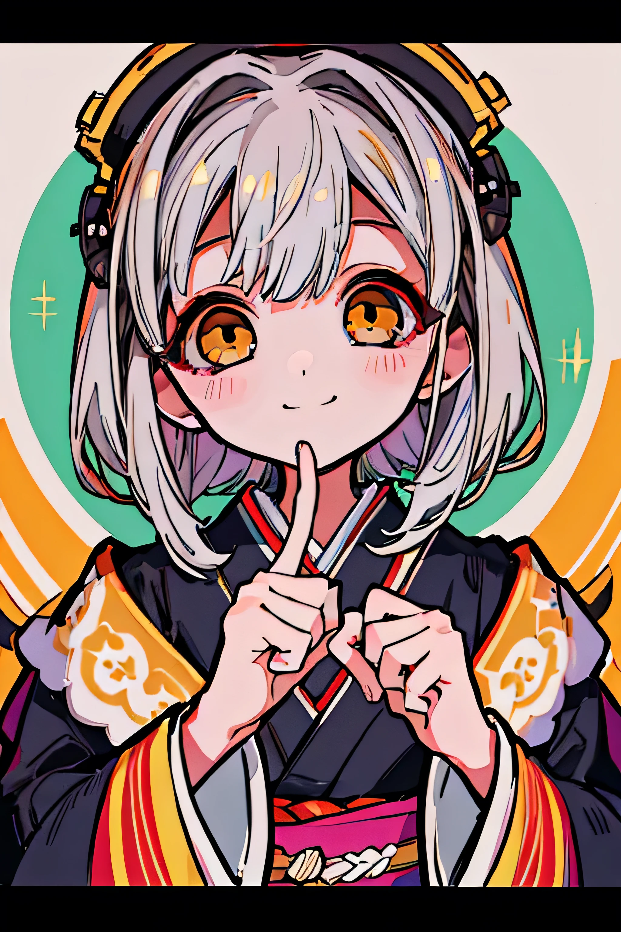 Illustration, UHD, retina, masterpiece, accurate, anatomically correct, super detail, high details, high quality, award winning, best quality, highres, good anatomy, 1080P, HD, 4K, 8k, 16k, 1girl, dynamic pose, androgynous,upper body potrait, detailed eyes, detailed clothes, detailed hair, rendering, 5 fingers, potrait, Aidalro, cute waifu, short dark white long hair, chopped bangs, medium locks, big circle yellow eyes, looking at viewer, smiling, winking, blushing, wearing a kimono