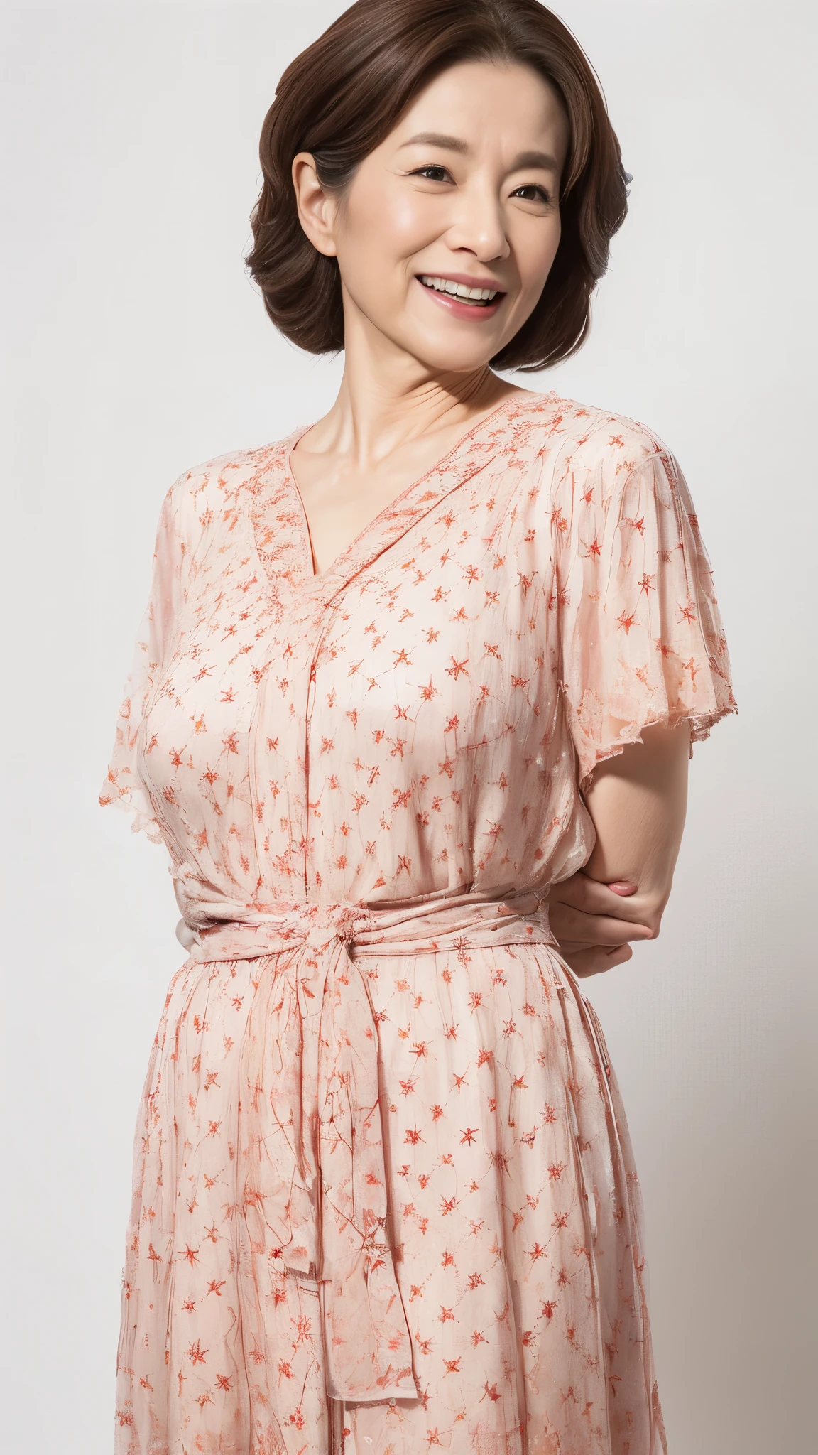 ((Bromides of Showa era stars)), Late Elderly, Aged face, Perfect composition, ((Fractal Art)), (((masterpiece))), 8k, Clear images, (((alone))), (((Asian Beauty))), Pure white background, Natural Hair Color, Hands behind back, Refreshing early summer outfit, Alluring, ((Elderly)), Depict lips accurately,Red lips, Flashy makeup, (((alone))), (((Perfect Anatomy))), Depicting ears correctly, Pure white background, gravure, Upright posture, smile, ((Beautiful mature woman)), highest quality, Very detailed, Realistic, Very detailed細なスキン, (Madame), (The corners of the mouth are turned up), 120 years old, Huge breasts, Mature Politician, Glamour, sexy, Pure white skin, Natural hairstyle, Comfortable clothing,