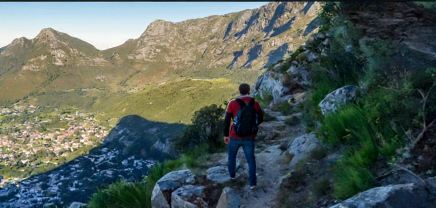 um caminho rochoso com vista para uma cidade abaixo, hora de escalar o caminho da montanha, cape, a wanderer Em uma montanha, vista bonitas, standing on mountain, inspirador, vista bonita, vista deslumbrante, parado na frente de uma montanha, arte em alta, Em uma montanha, perspicaz, standing Em uma montanha top,dark moody colors, unreal-engine, underexposed grey, gothic deep colors, inspired by Abraham Willaerts, unreal engine - h 7 6 8, muted intense colors, windows lit up