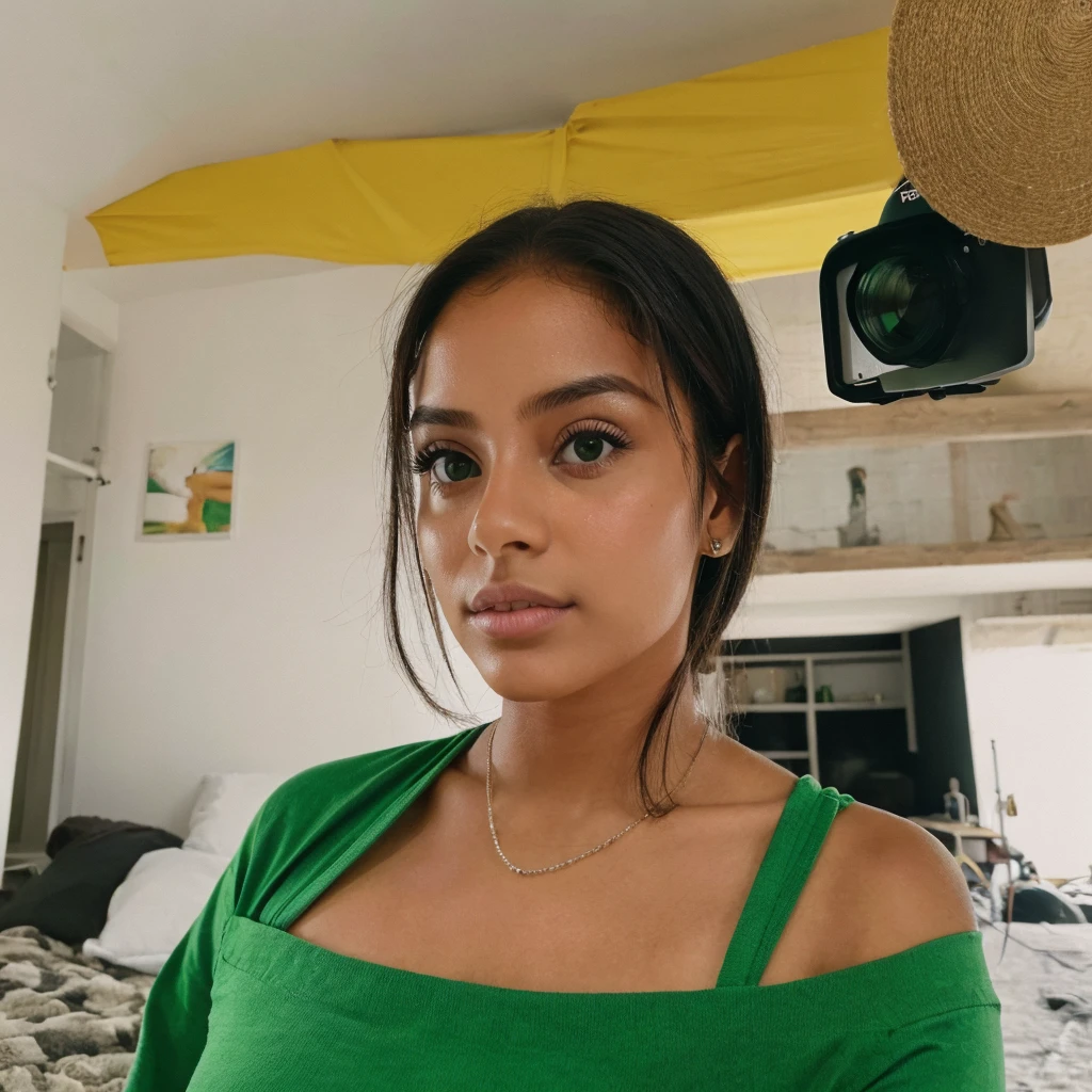 (Imagem realista), (fotografia profissional), linda selfie de uma garota, idade 18 anos, Rosto perfeito, pele morena, cabelo curto, olhos azuis, usando uma camisa verde, dentro do seu quarto, nacionalidade brasileira,