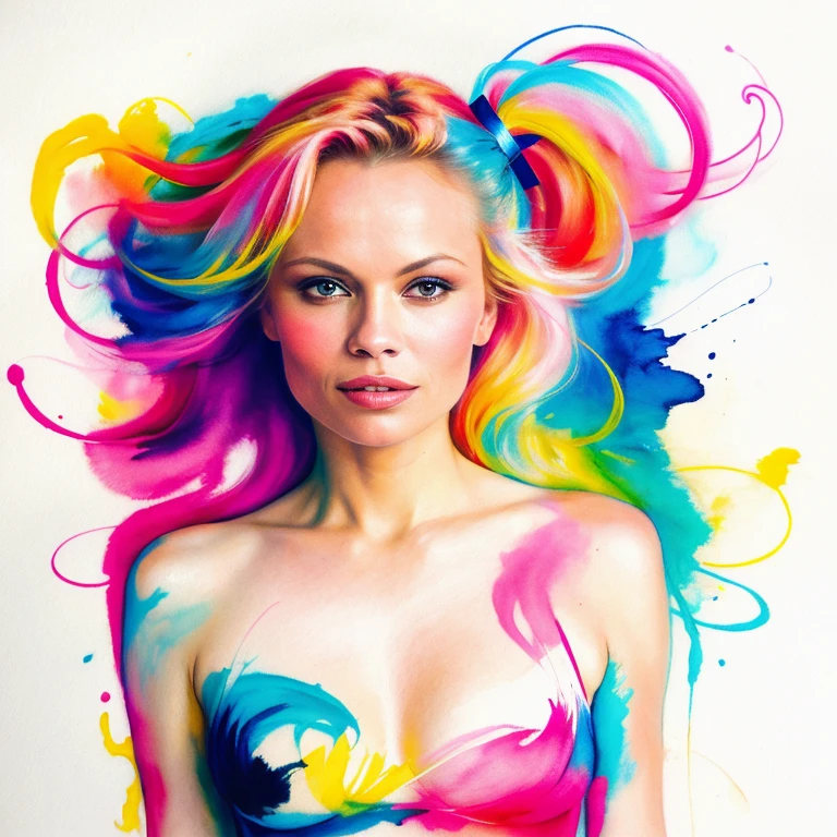 (8k, best quality, masterpiece:1.2),(best quality:1.0), (ultra highres:1.0), pencil colors, Pamela Anderson, shoulder, hair ribbons, by agnes cecile, full body photography, extremely luminous bright design, pastel colors, (ink:1.3), autumn lights
