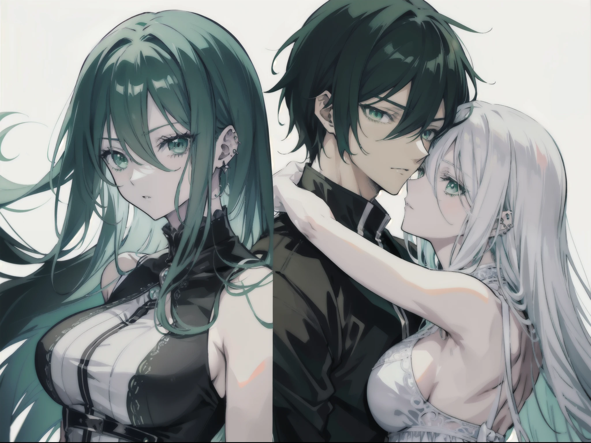 "((split image of multiple anime characters,)), Epic Dark, atmospheric. A mature couple embracing. The woman with flowing white hair and mesmerizing green eyes, and the man with sleek black hair and piercing green eyes."