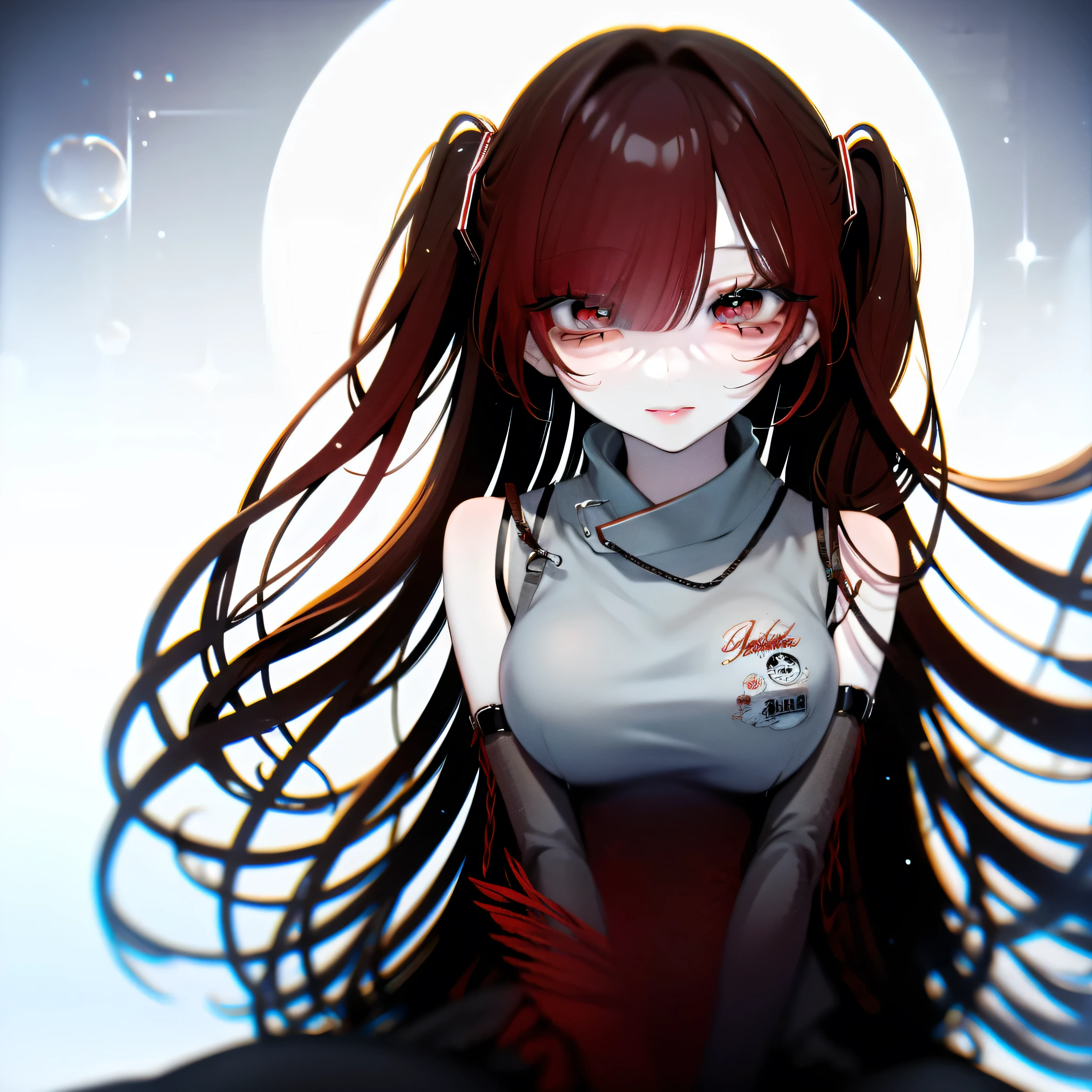 a girl with red tinted hair, half-length statue, 4k hd, face expressionless, anime style, sideface, white background, dark, eerie, smiling, dark angel, deceiving, smug look, hastune Miku