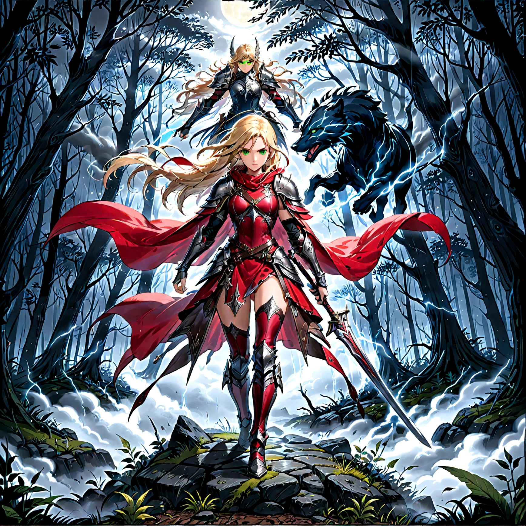 fantasy art, RPG art, Dark fantasy art, ultra wide shot, RAW, photorealistic, a picture of (1single: 1.5) female human ranger, the ranger, an exquisite beautiful human woman, long blond hair, braided hair, green eyes, wearing leather armor, wearing (red cloak: 1.1), armed with a (sword: 1.3), wearing laced boots, standing in a dark forest at night, (mist rising from the grounds: 1.3), a sense of dread and fear, yet she stands defiant and fearless, dark fantasy forest background, best quality, 16k, [ultra detailed], masterpiece, best quality, (ultra detailed), full body, ultra wide shot, photorealism, Sword and shield, dark novel